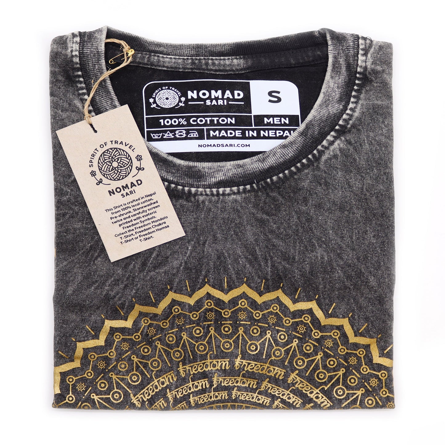 Nomad Sari Unisex Eco-Friendly 100% Cotton Stone Washed T-Shirt - Small / Unisex / Mandala / Dark Grey product packaging on clean background from Quintessential Holistic Health Ltd