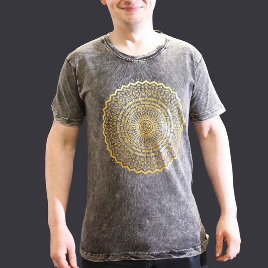 Nomad Sari Unisex Eco-Friendly 100% Cotton Stone Washed T-Shirt - Small / Unisex / Mandala / Dark Grey product packaging on clean background from Quintessential Holistic Health Ltd