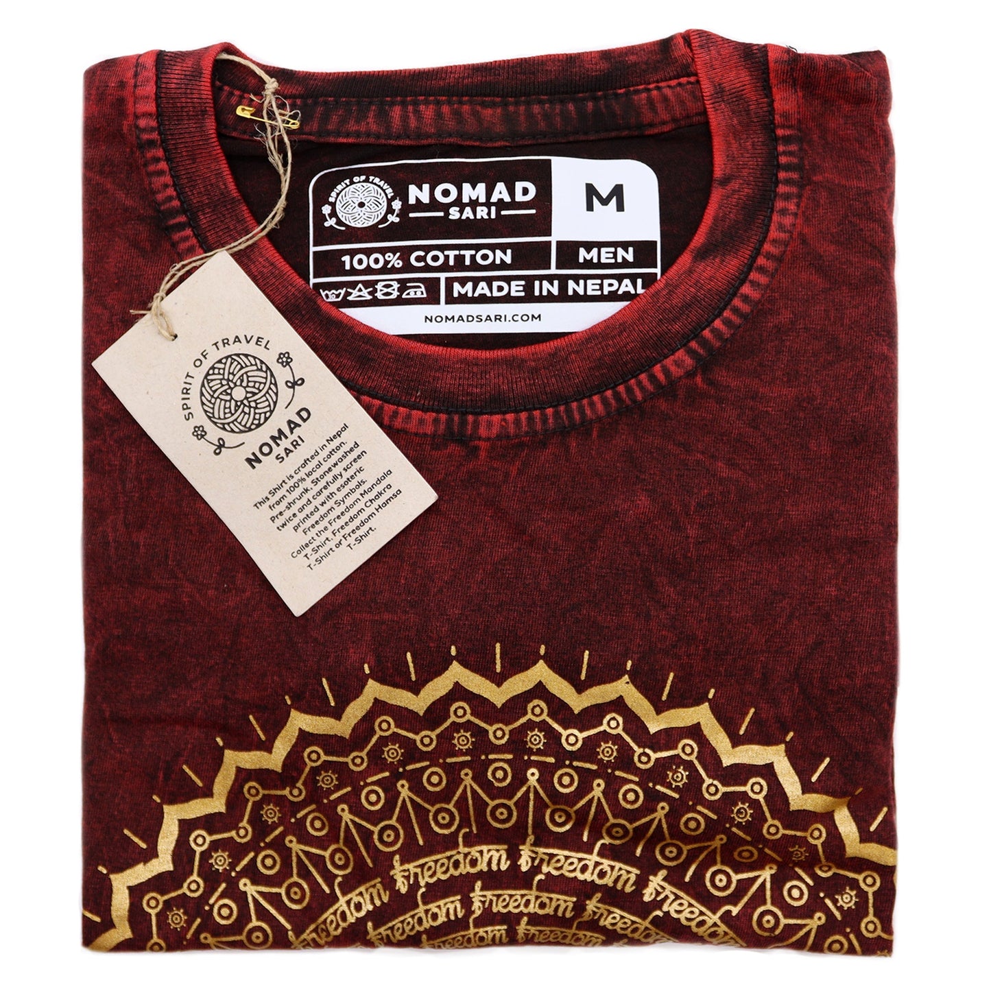 Nomad Sari Unisex Eco-Friendly 100% Cotton Stone Washed T-Shirt - Medium / Unisex / Mandala / Maroon product packaging on clean background from Quintessential Holistic Health Ltd