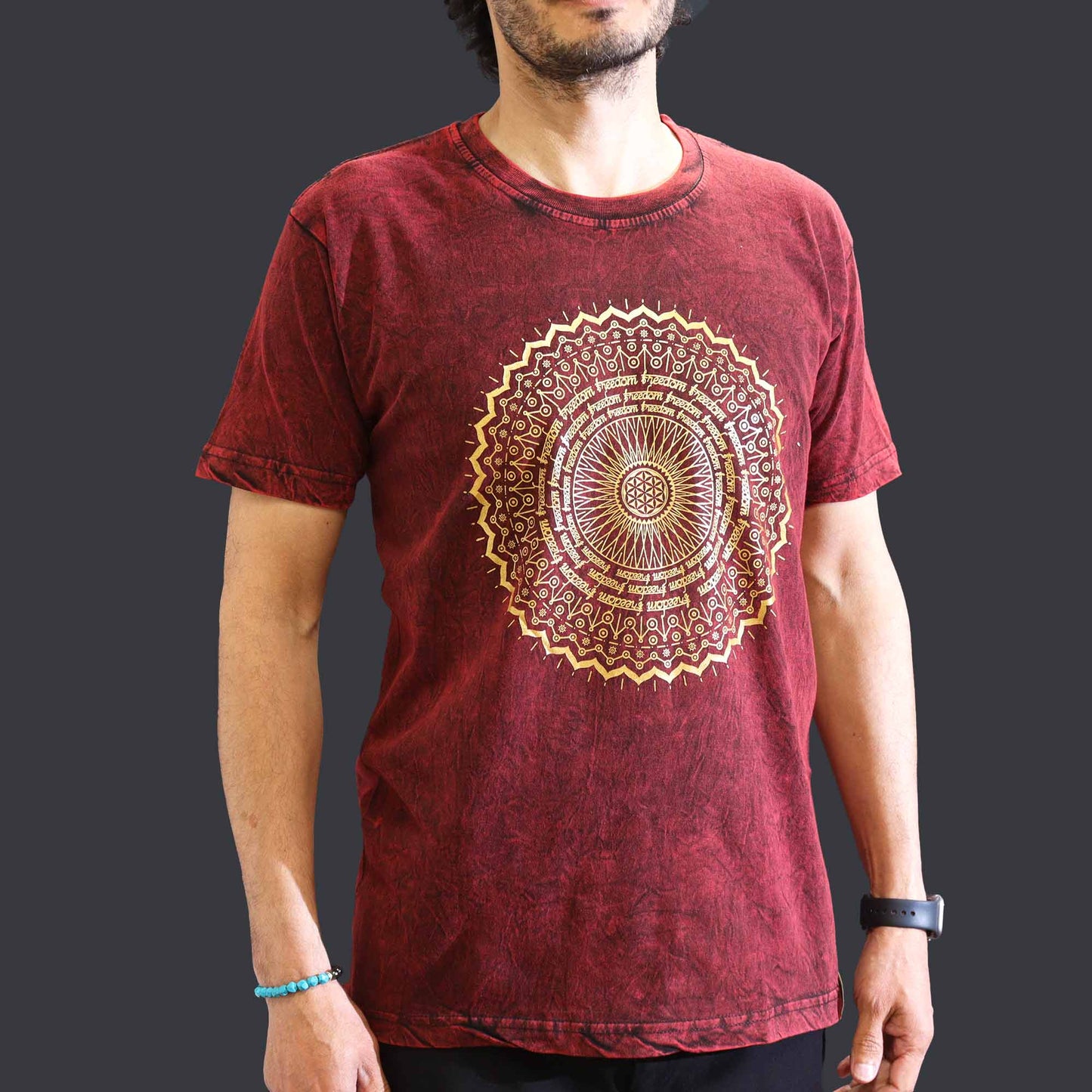 Nomad Sari Unisex Eco-Friendly 100% Cotton Stone Washed T-Shirt - Medium / Unisex / Mandala / Maroon product packaging on clean background from Quintessential Holistic Health Ltd