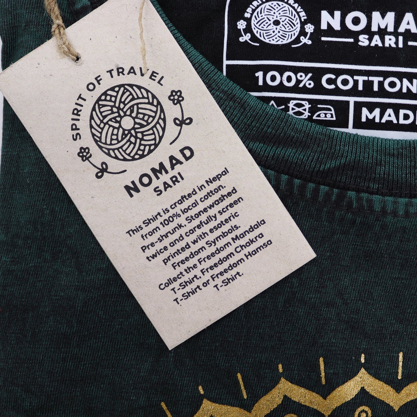 Nomad Sari Unisex Eco-Friendly 100% Cotton Stone Washed T-Shirt - Medium / Unisex / Mandala / Green product packaging on clean background from Quintessential Holistic Health Ltd
