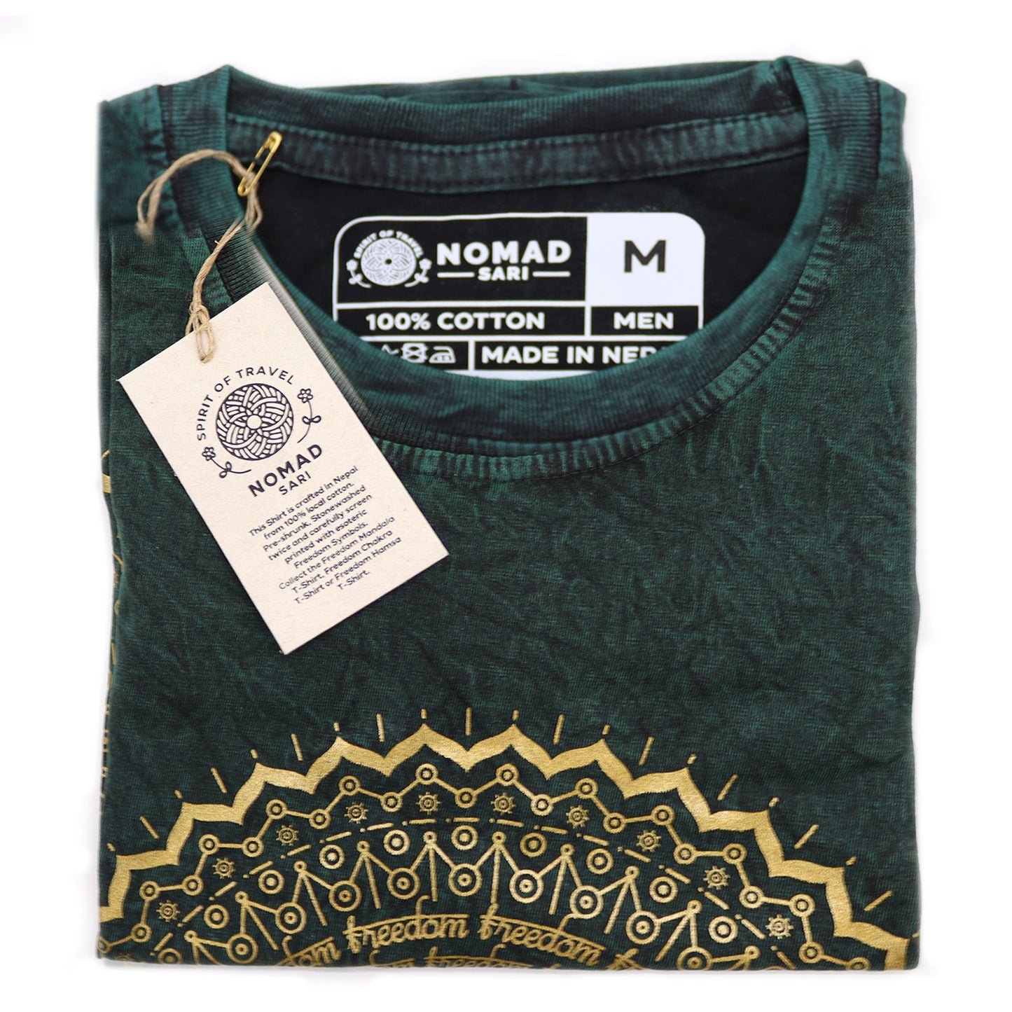 Nomad Sari Unisex Eco-Friendly 100% Cotton Stone Washed T-Shirt - Medium / Unisex / Mandala / Green product packaging on clean background from Quintessential Holistic Health Ltd