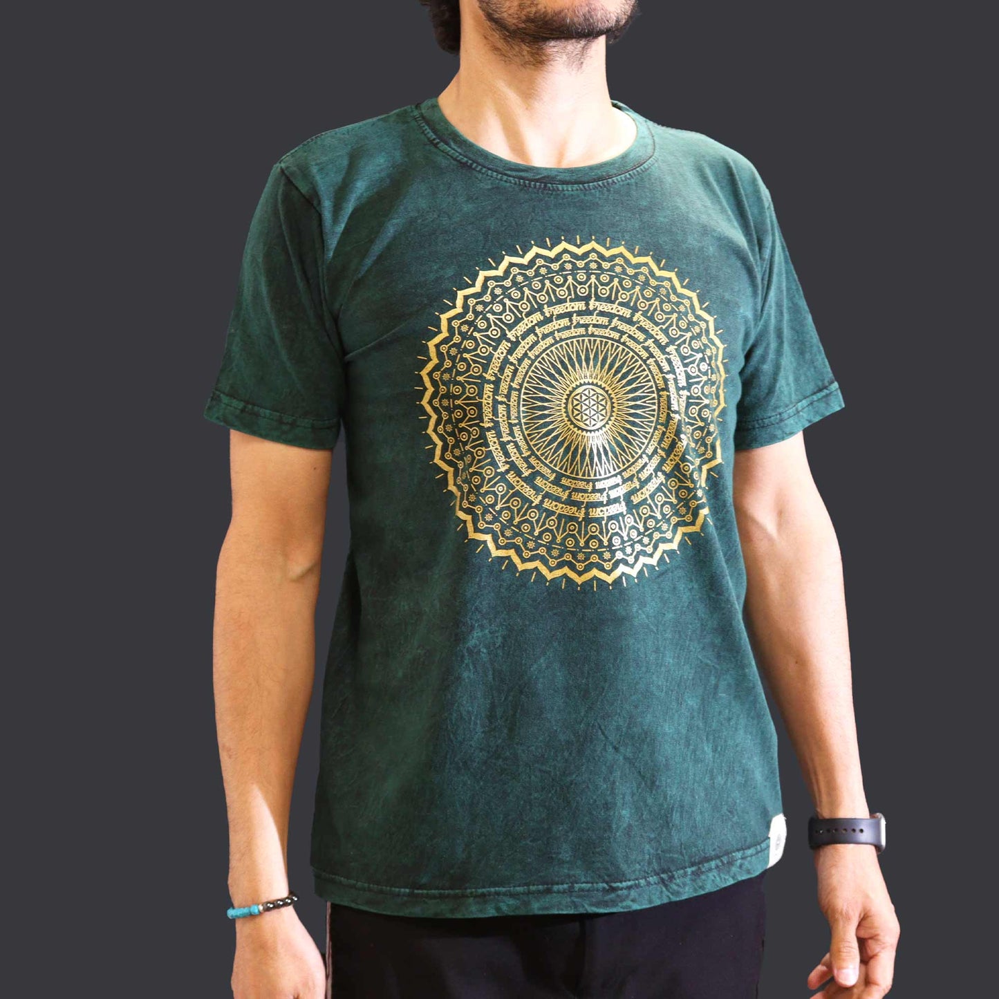 Nomad Sari Unisex Eco-Friendly 100% Cotton Stone Washed T-Shirt - Medium / Unisex / Mandala / Green product packaging on clean background from Quintessential Holistic Health Ltd