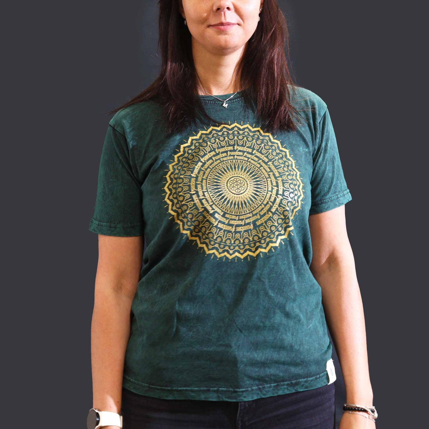 Nomad Sari Unisex Eco-Friendly 100% Cotton Stone Washed T-Shirt - Medium / Unisex / Mandala / Green product packaging on clean background from Quintessential Holistic Health Ltd