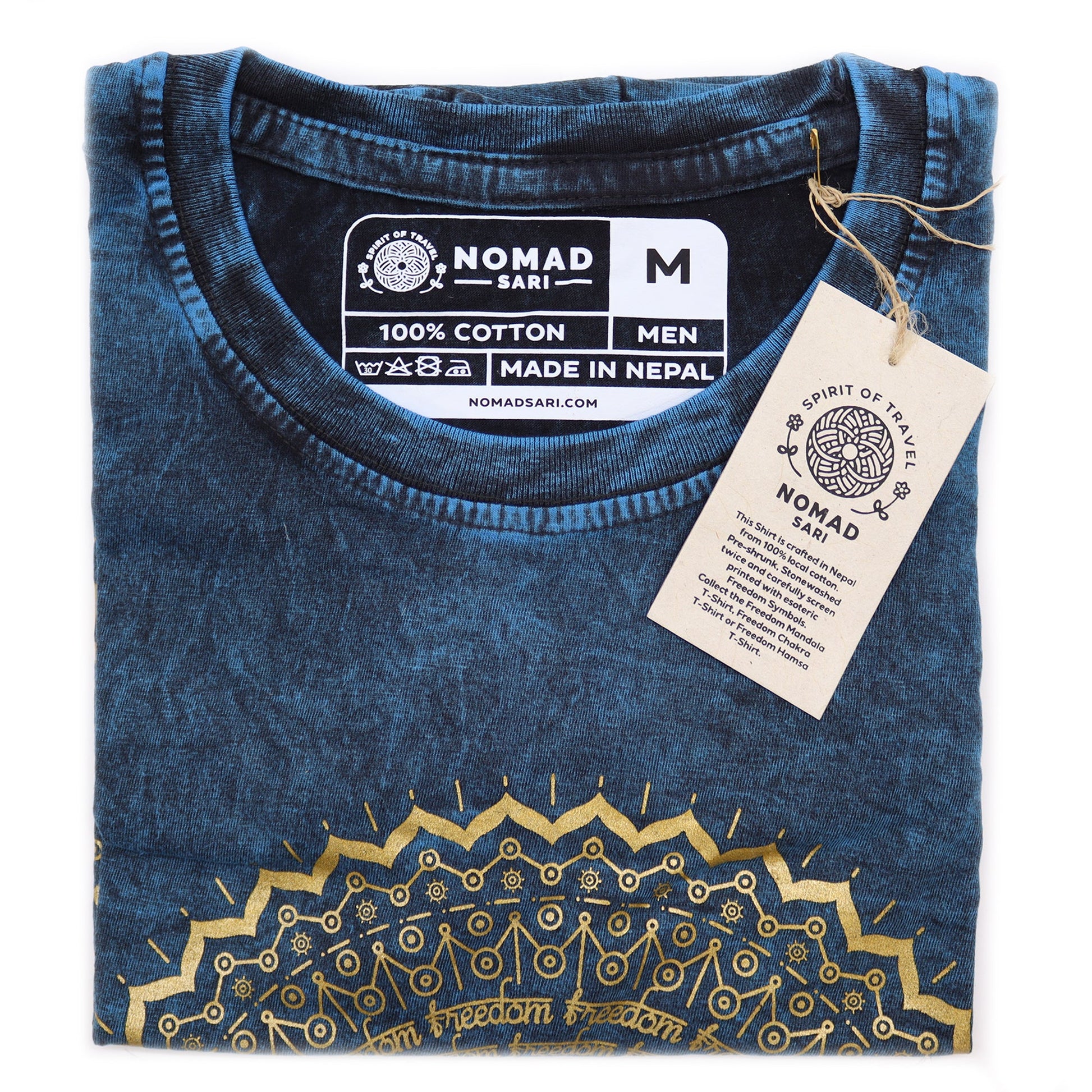 Nomad Sari Unisex Eco-Friendly 100% Cotton Stone Washed T-Shirt - Medium / Unisex / Mandala / Blue product packaging on clean background from Quintessential Holistic Health Ltd