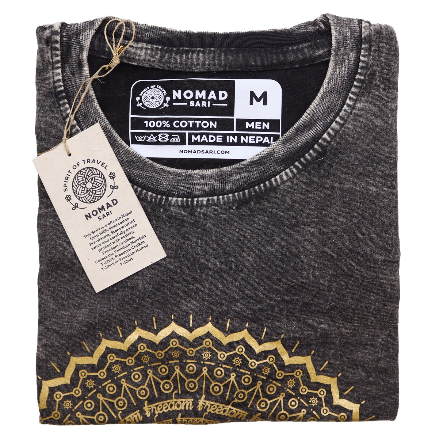Nomad Sari Unisex Eco-Friendly 100% Cotton Stone Washed T-Shirt - Medium / Unisex / Mandala / Dark Grey product packaging on clean background from Quintessential Holistic Health Ltd