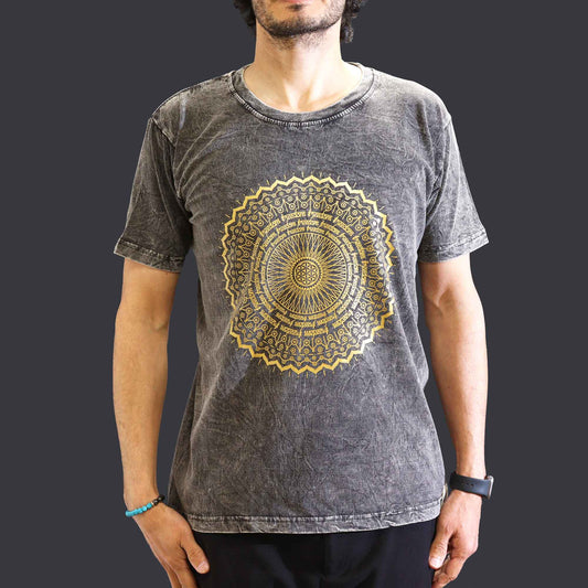 Nomad Sari Unisex Eco-Friendly 100% Cotton Stone Washed T-Shirt - Medium / Unisex / Mandala / Dark Grey product packaging on clean background from Quintessential Holistic Health Ltd