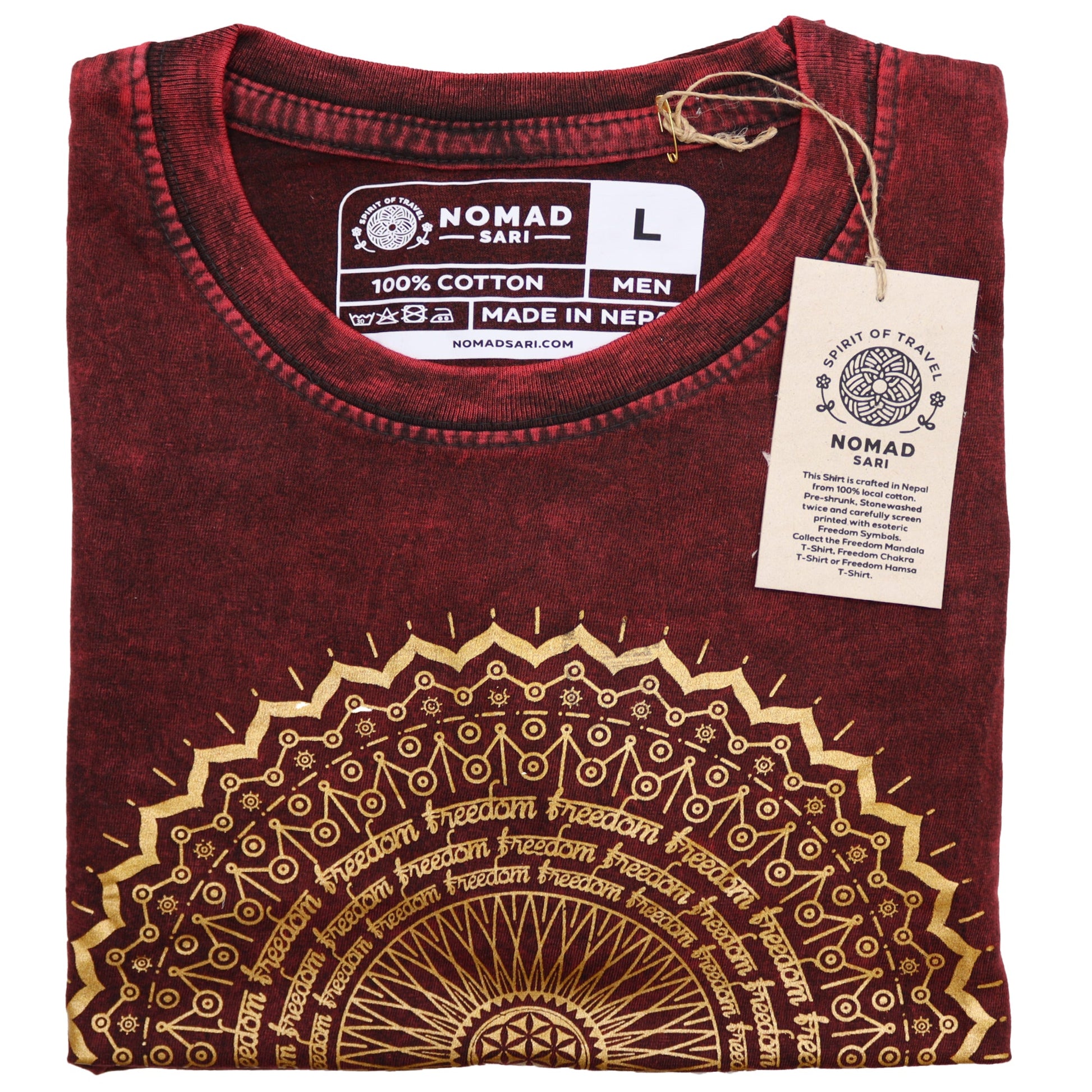 Nomad Sari Unisex Eco-Friendly 100% Cotton Stone Washed T-Shirt - Large / Unisex / Mandala / Maroon product packaging on clean background from Quintessential Holistic Health Ltd