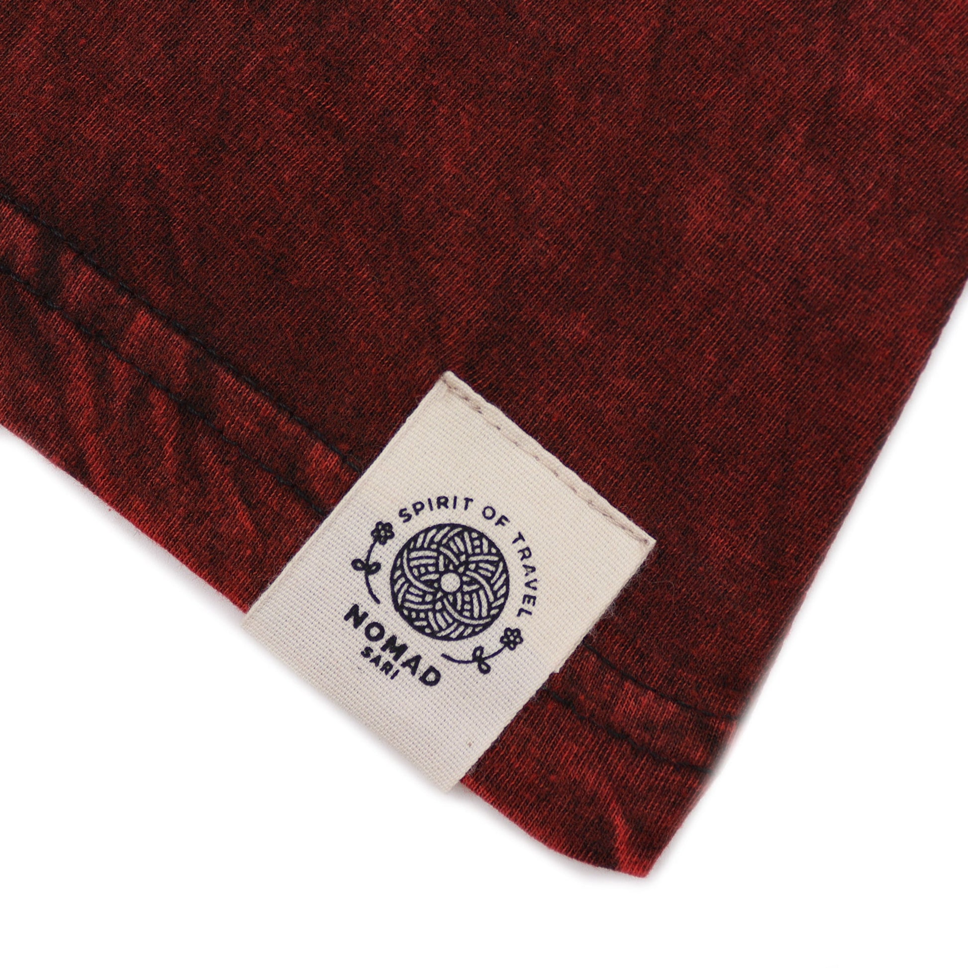 Nomad Sari Unisex Eco-Friendly 100% Cotton Stone Washed T-Shirt - Large / Unisex / Mandala / Maroon product packaging on clean background from Quintessential Holistic Health Ltd