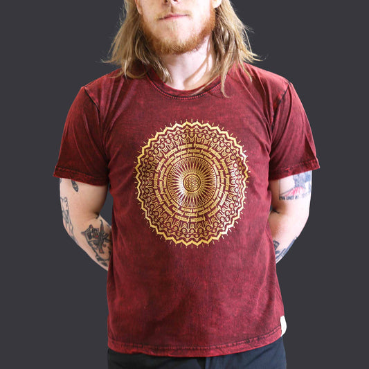 Nomad Sari Unisex Eco-Friendly 100% Cotton Stone Washed T-Shirt - Large / Unisex / Mandala / Maroon product packaging on clean background from Quintessential Holistic Health Ltd