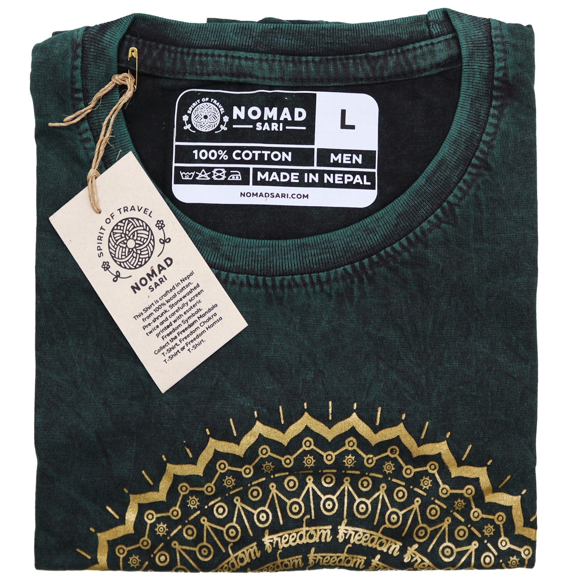 Nomad Sari Unisex Eco-Friendly 100% Cotton Stone Washed T-Shirt - Large / Unisex / Mandala / Green product packaging on clean background from Quintessential Holistic Health Ltd