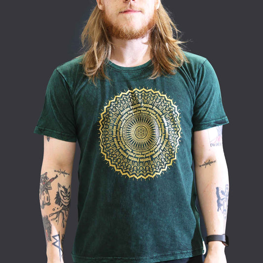Nomad Sari Unisex Eco-Friendly 100% Cotton Stone Washed T-Shirt - Large / Unisex / Mandala / Green product packaging on clean background from Quintessential Holistic Health Ltd