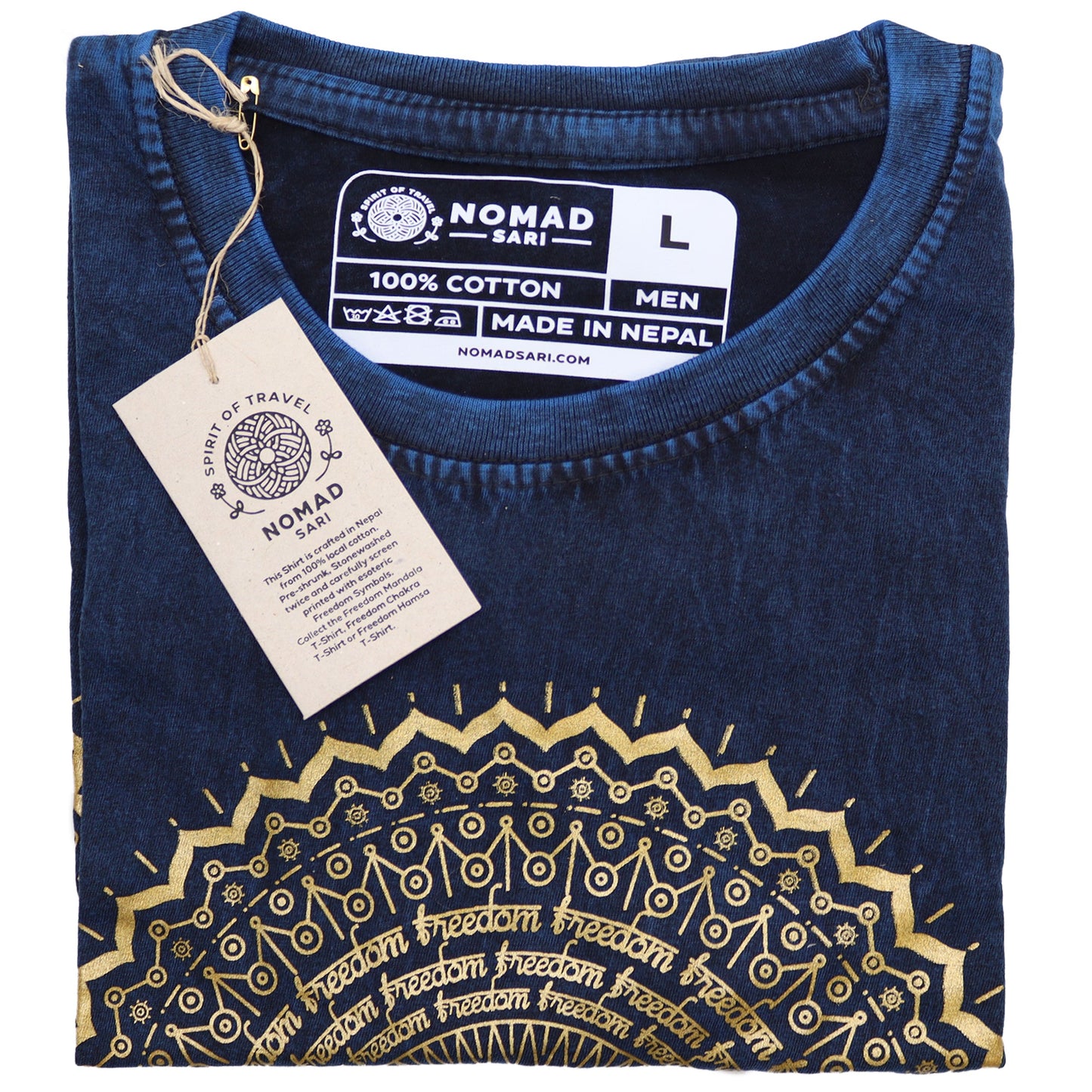 Nomad Sari Unisex Eco-Friendly 100% Cotton Stone Washed T-Shirt - Large / Unisex / Mandala / Blue product packaging on clean background from Quintessential Holistic Health Ltd