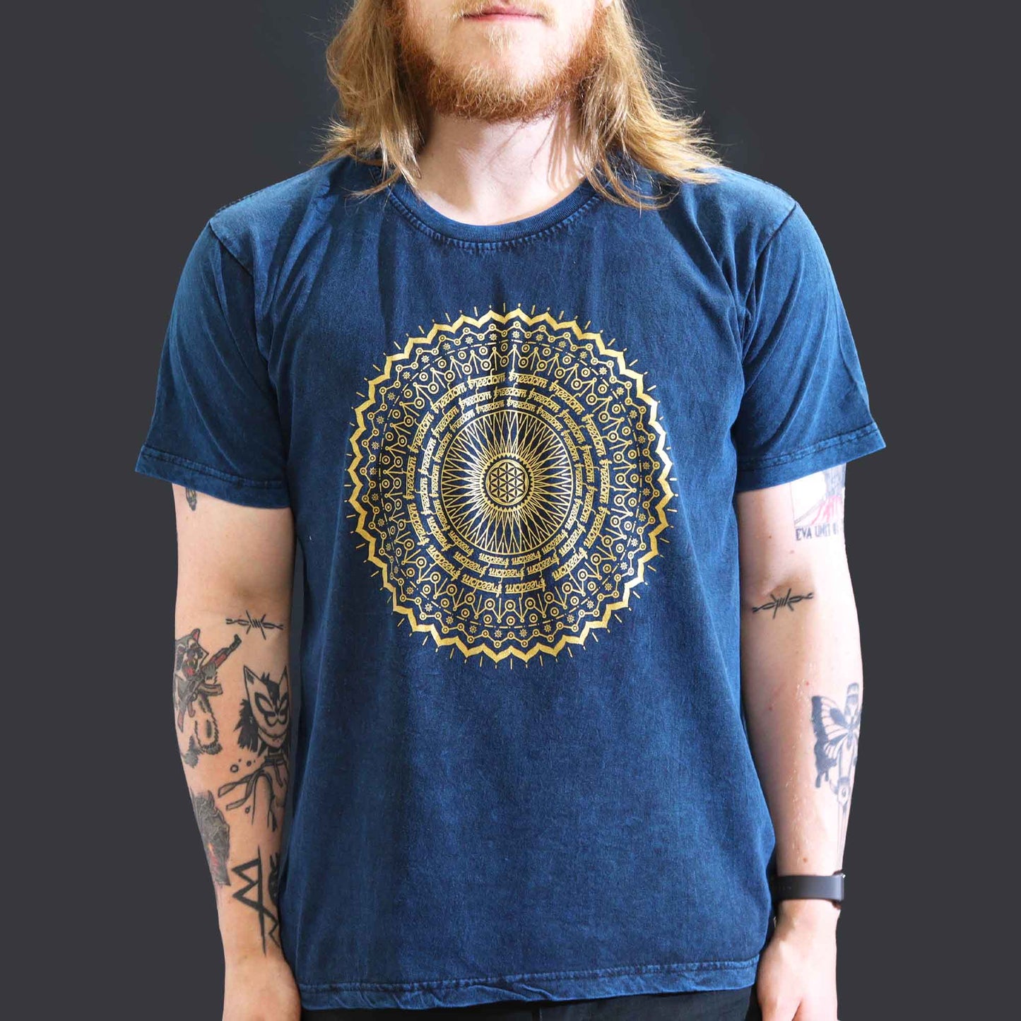 Nomad Sari Unisex Eco-Friendly 100% Cotton Stone Washed T-Shirt - Large / Unisex / Mandala / Blue product packaging on clean background from Quintessential Holistic Health Ltd