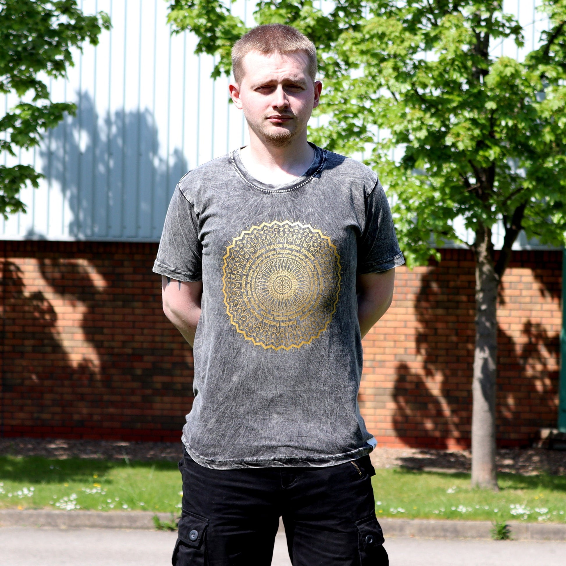 Nomad Sari Unisex Eco-Friendly 100% Cotton Stone Washed T-Shirt - Large / Unisex / Mandala / Dark Grey product packaging on clean background from Quintessential Holistic Health Ltd