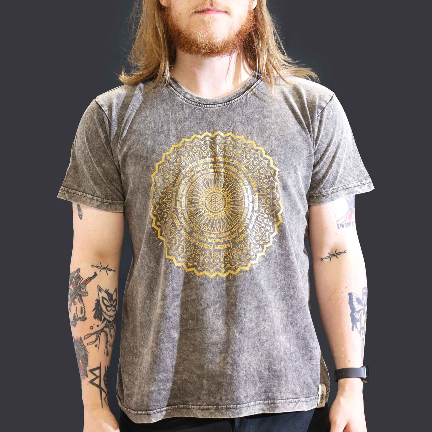 Nomad Sari Unisex Eco-Friendly 100% Cotton Stone Washed T-Shirt - Large / Unisex / Mandala / Dark Grey product packaging on clean background from Quintessential Holistic Health Ltd