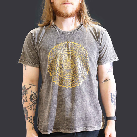 Nomad Sari Unisex Eco-Friendly 100% Cotton Stone Washed T-Shirt - Large / Unisex / Mandala / Dark Grey product packaging on clean background from Quintessential Holistic Health Ltd