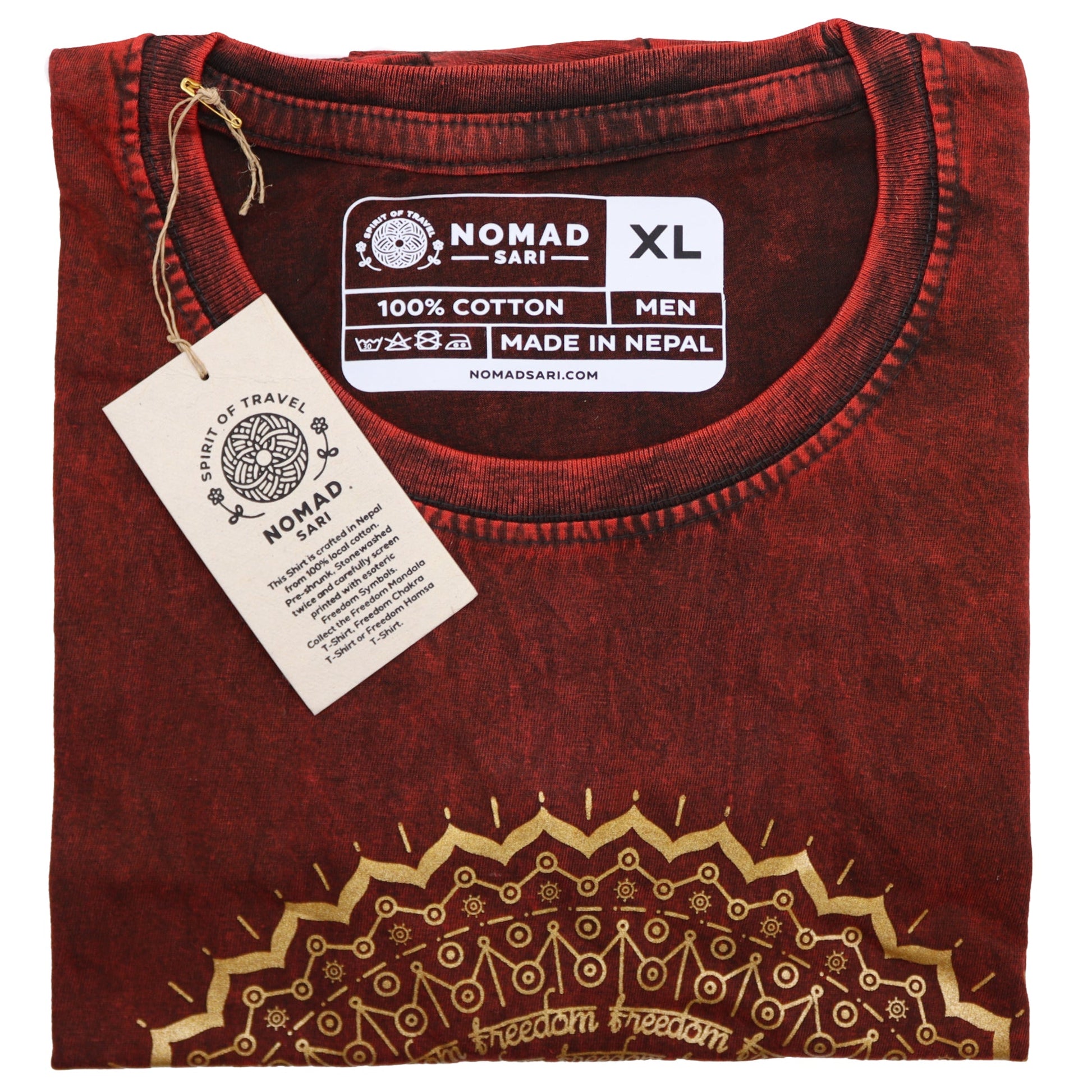 Nomad Sari Unisex Eco-Friendly 100% Cotton Stone Washed T-Shirt - Extra Large / Unisex / Mandala / Maroon product packaging on clean background from Quintessential Holistic Health Ltd