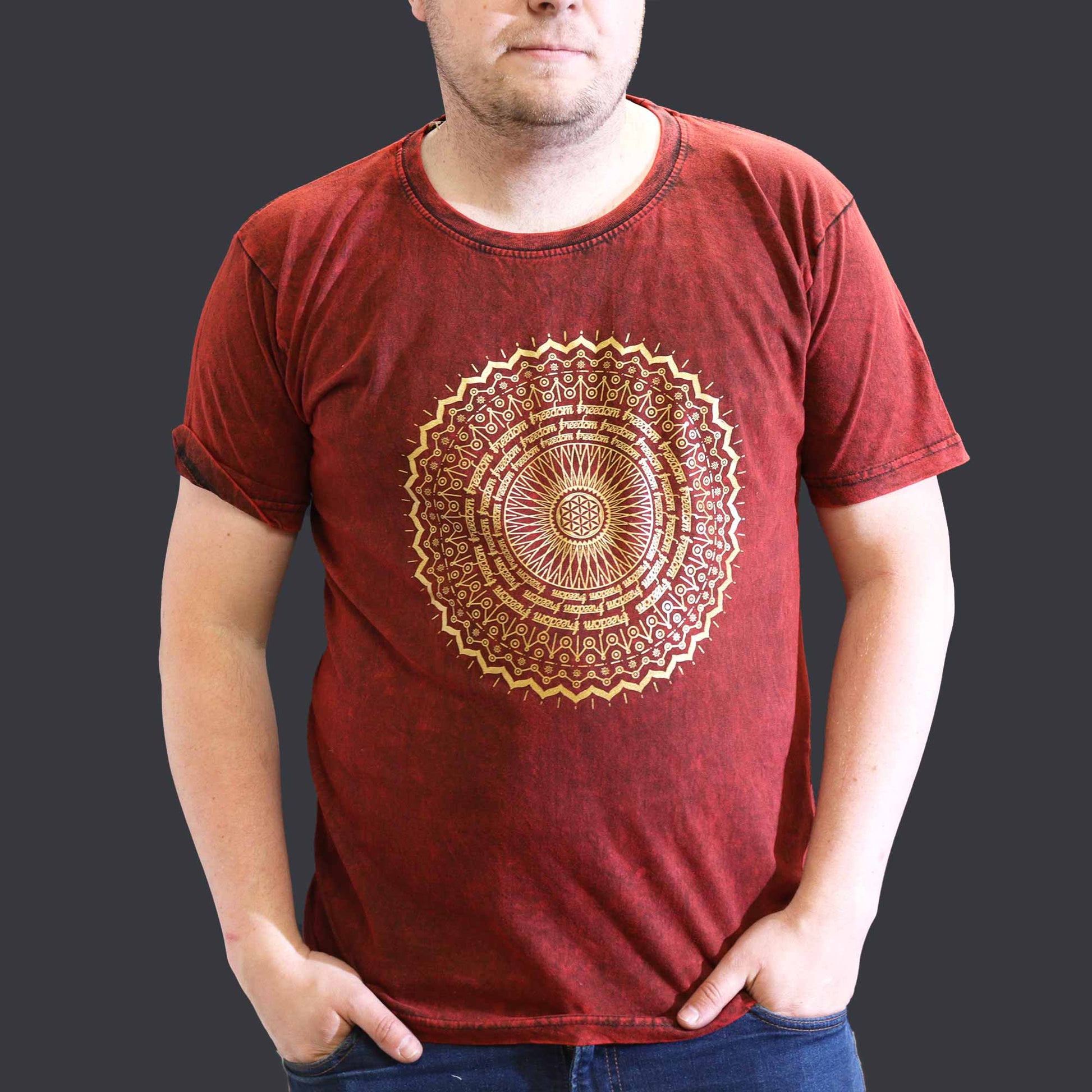 Nomad Sari Unisex Eco-Friendly 100% Cotton Stone Washed T-Shirt - Extra Large / Unisex / Mandala / Maroon product packaging on clean background from Quintessential Holistic Health Ltd