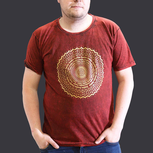 Nomad Sari Unisex Eco-Friendly 100% Cotton Stone Washed T-Shirt - Extra Large / Unisex / Mandala / Maroon product packaging on clean background from Quintessential Holistic Health Ltd