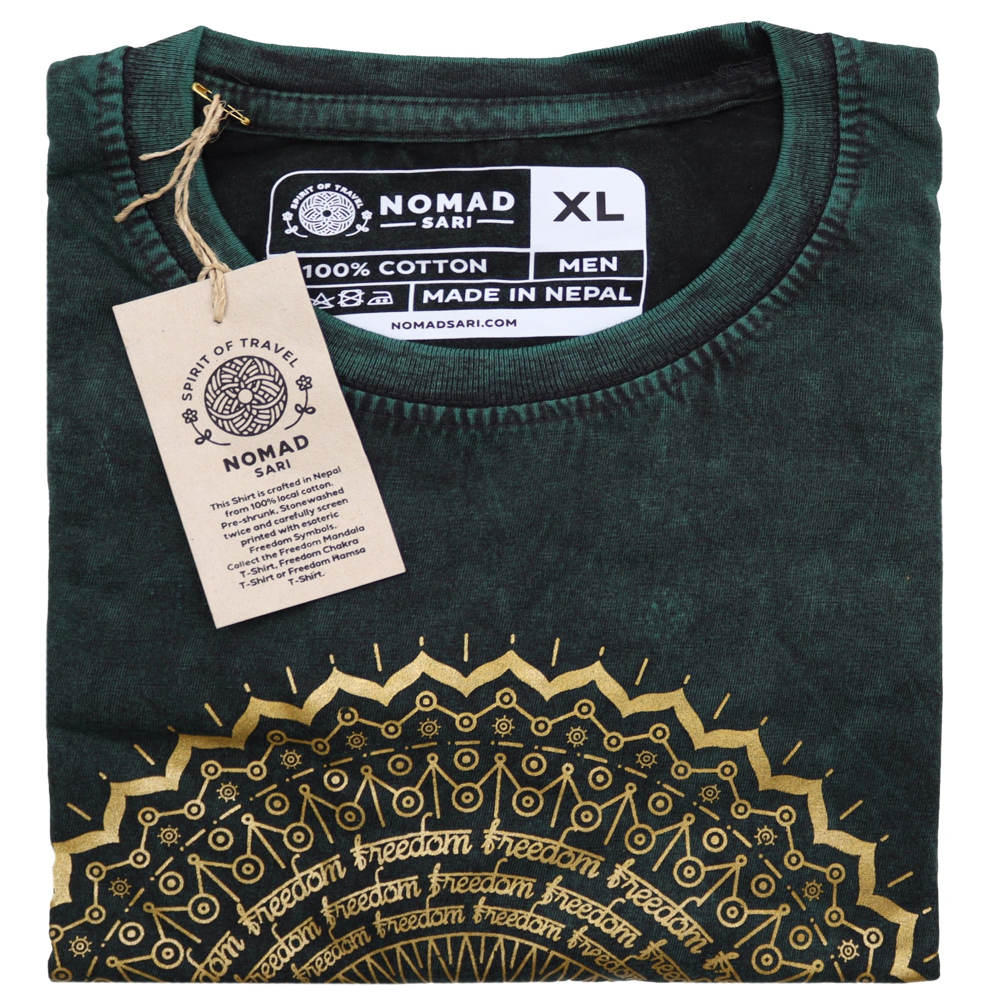 Nomad Sari Unisex Eco-Friendly 100% Cotton Stone Washed T-Shirt - Extra Large / Unisex / Mandala / Green product packaging on clean background from Quintessential Holistic Health Ltd