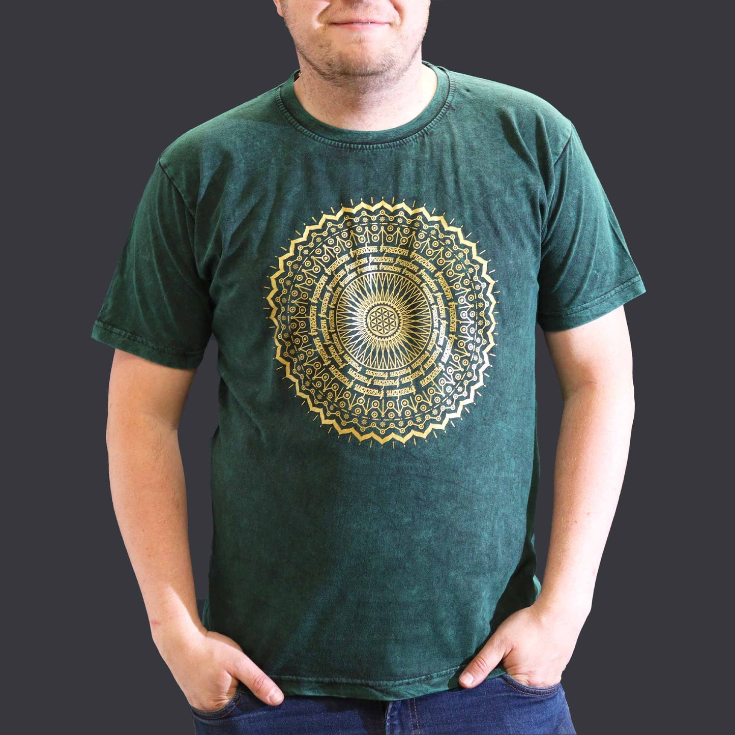 Nomad Sari Unisex Eco-Friendly 100% Cotton Stone Washed T-Shirt - Extra Large / Unisex / Mandala / Green product packaging on clean background from Quintessential Holistic Health Ltd