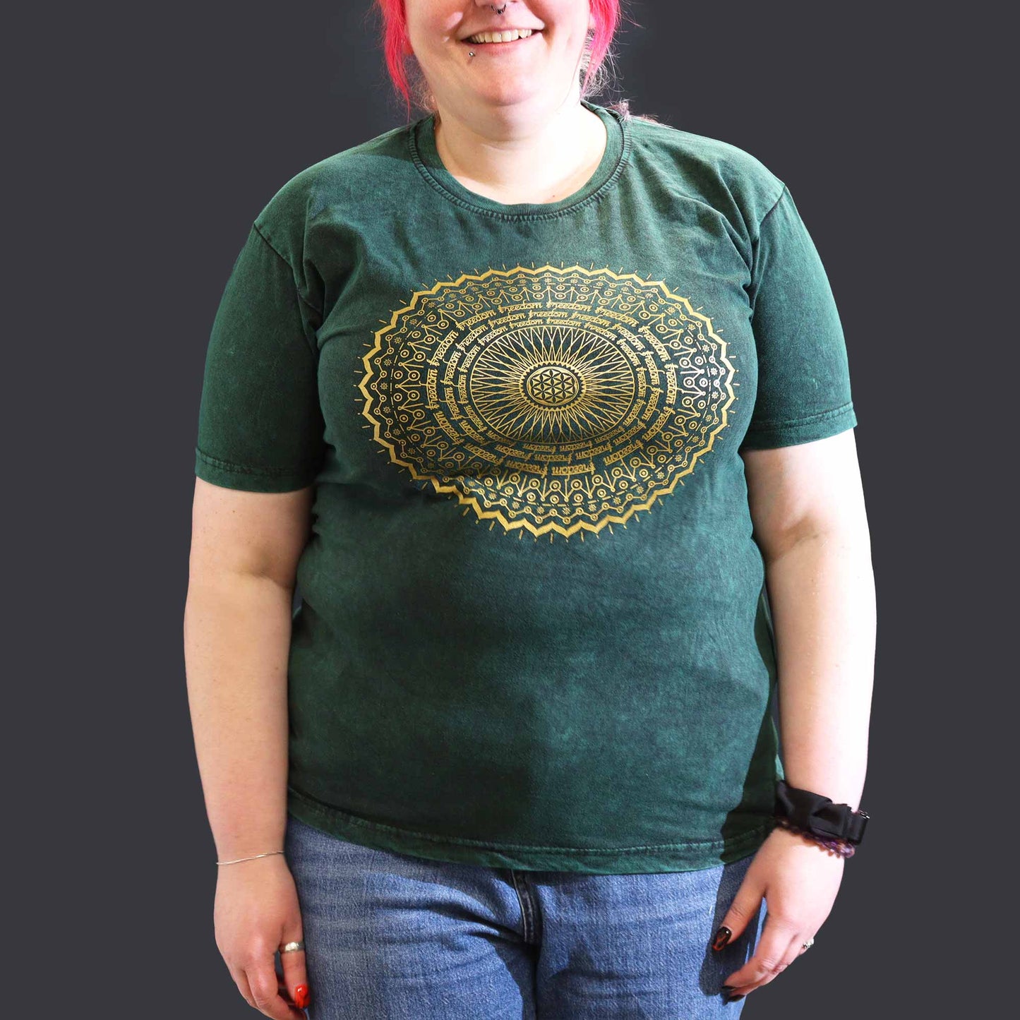 Nomad Sari Unisex Eco-Friendly 100% Cotton Stone Washed T-Shirt - Extra Large / Unisex / Mandala / Green product packaging on clean background from Quintessential Holistic Health Ltd