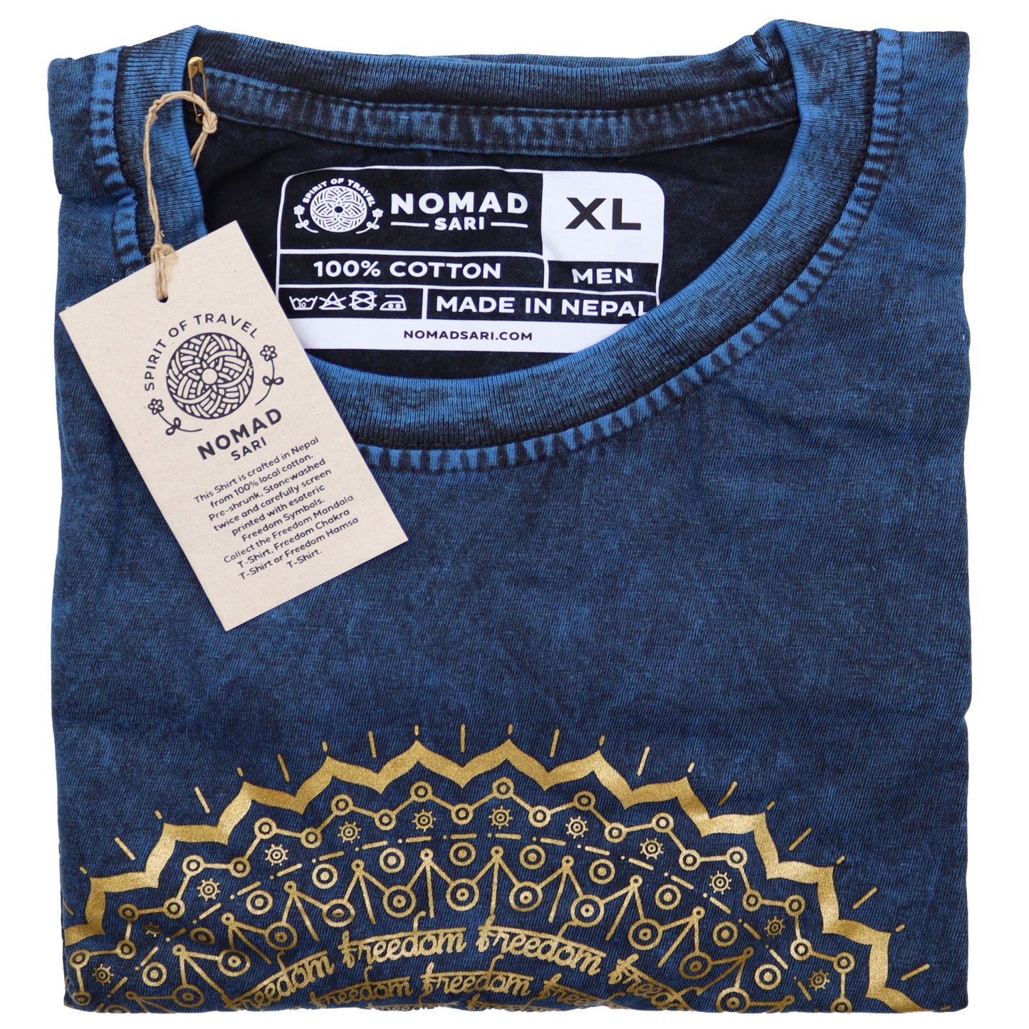 Nomad Sari Unisex Eco-Friendly 100% Cotton Stone Washed T-Shirt - Extra Large / Unisex / Mandala / Blue product packaging on clean background from Quintessential Holistic Health Ltd