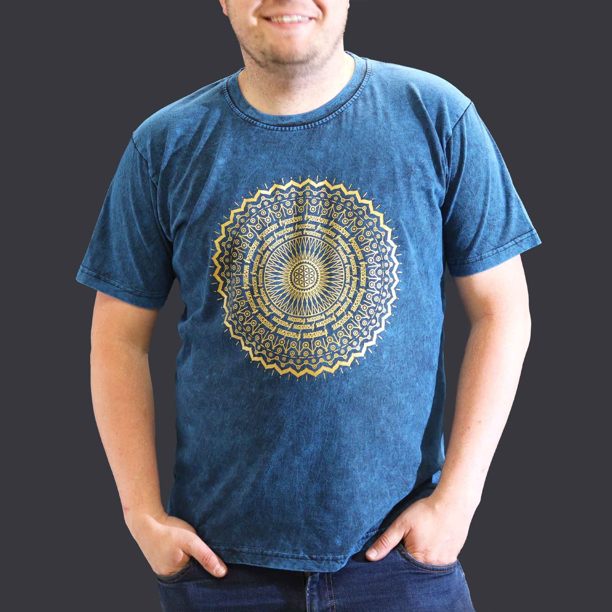 Nomad Sari Unisex Eco-Friendly 100% Cotton Stone Washed T-Shirt - Extra Large / Unisex / Mandala / Blue product packaging on clean background from Quintessential Holistic Health Ltd