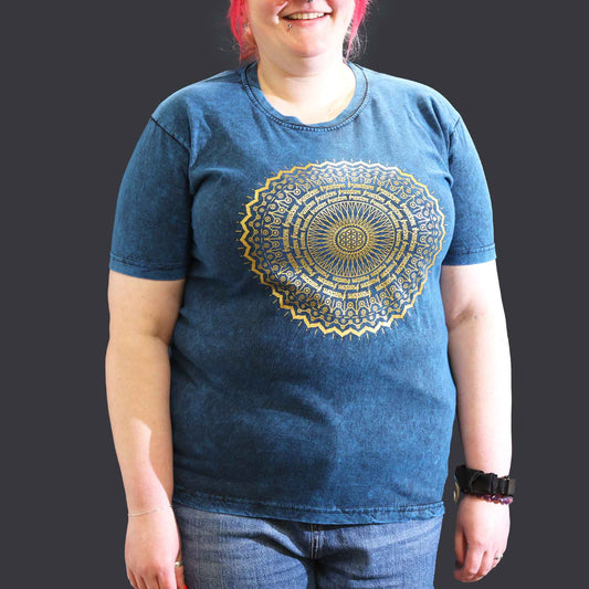 Nomad Sari Unisex Eco-Friendly 100% Cotton Stone Washed T-Shirt - Extra Large / Unisex / Mandala / Blue product packaging on clean background from Quintessential Holistic Health Ltd