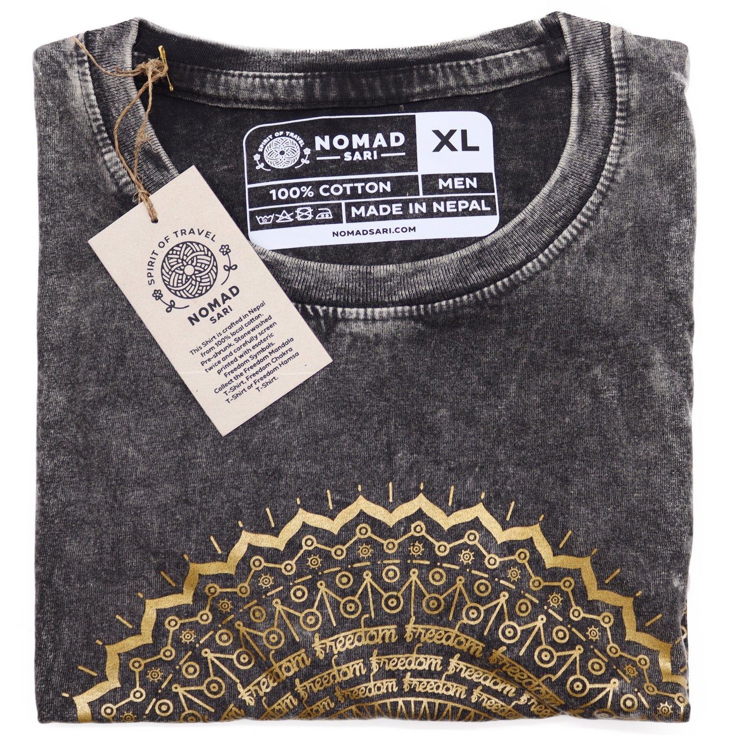 Nomad Sari Unisex Eco-Friendly 100% Cotton Stone Washed T-Shirt - Extra Large / Unisex / Mandala / Dark Grey product packaging on clean background from Quintessential Holistic Health Ltd