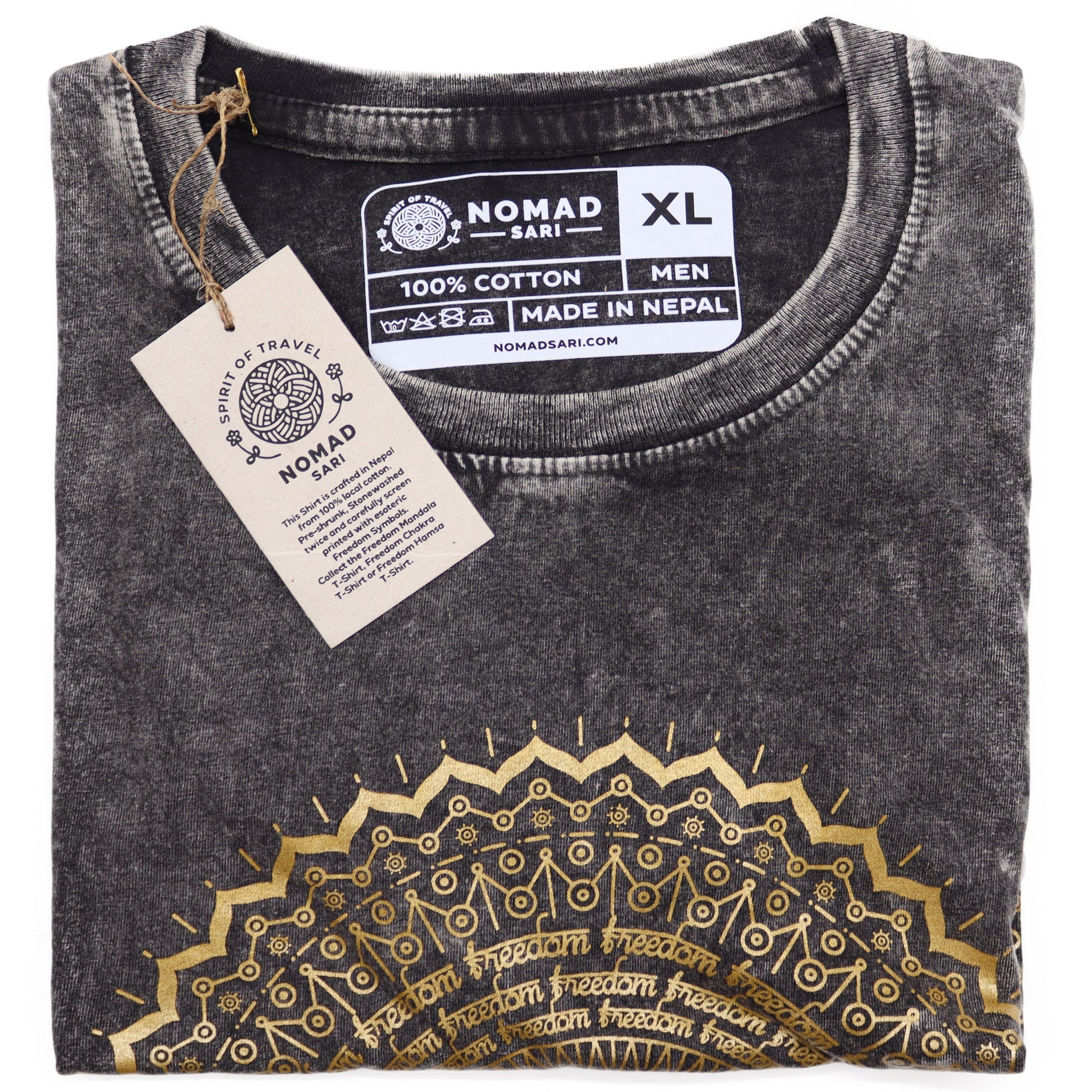 Nomad Sari Unisex Eco-Friendly 100% Cotton Stone Washed T-Shirt - Extra Large / Unisex / Mandala / Dark Grey product packaging on clean background from Quintessential Holistic Health Ltd