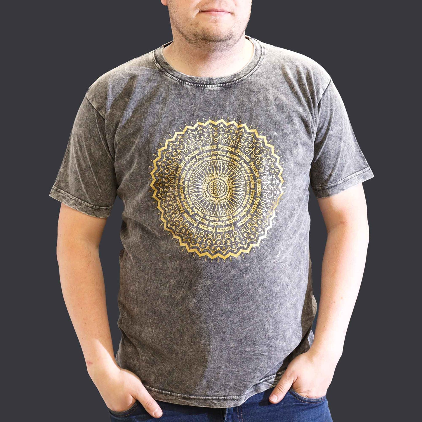 Nomad Sari Unisex Eco-Friendly 100% Cotton Stone Washed T-Shirt - Extra Large / Unisex / Mandala / Dark Grey product packaging on clean background from Quintessential Holistic Health Ltd