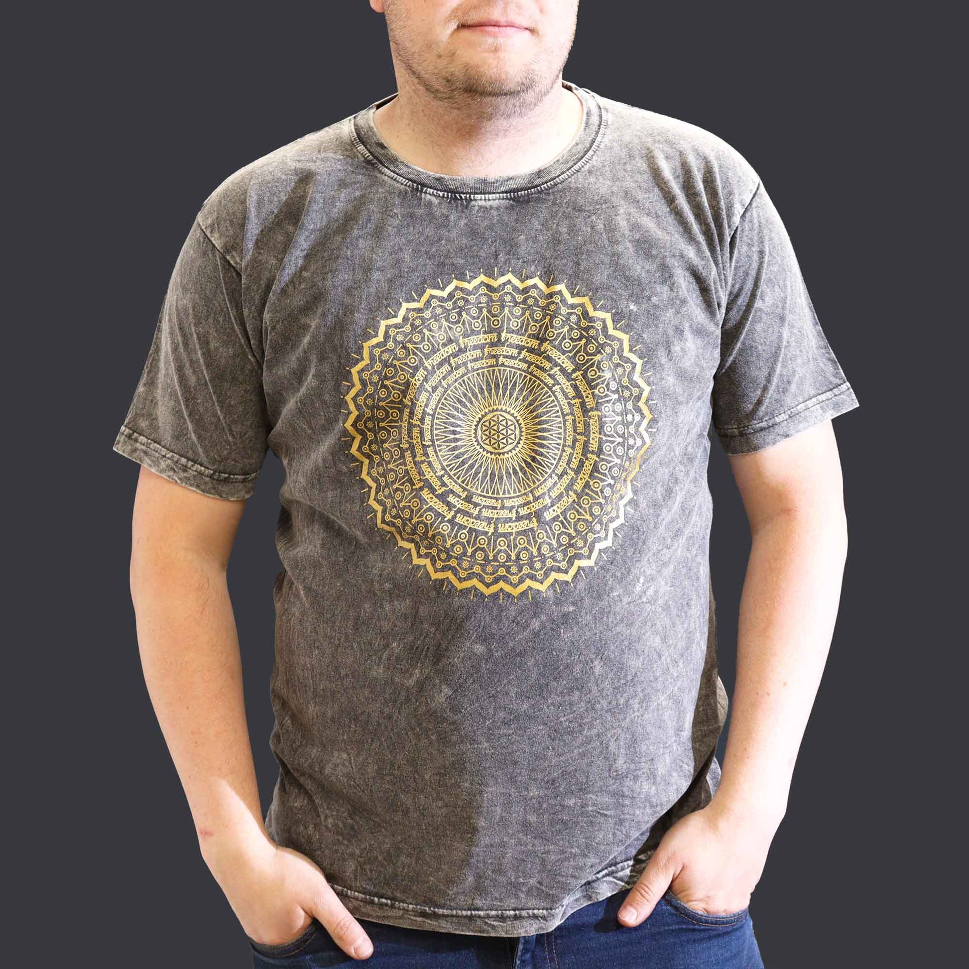Nomad Sari Unisex Eco-Friendly 100% Cotton Stone Washed T-Shirt - Extra Large / Unisex / Mandala / Dark Grey product packaging on clean background from Quintessential Holistic Health Ltd
