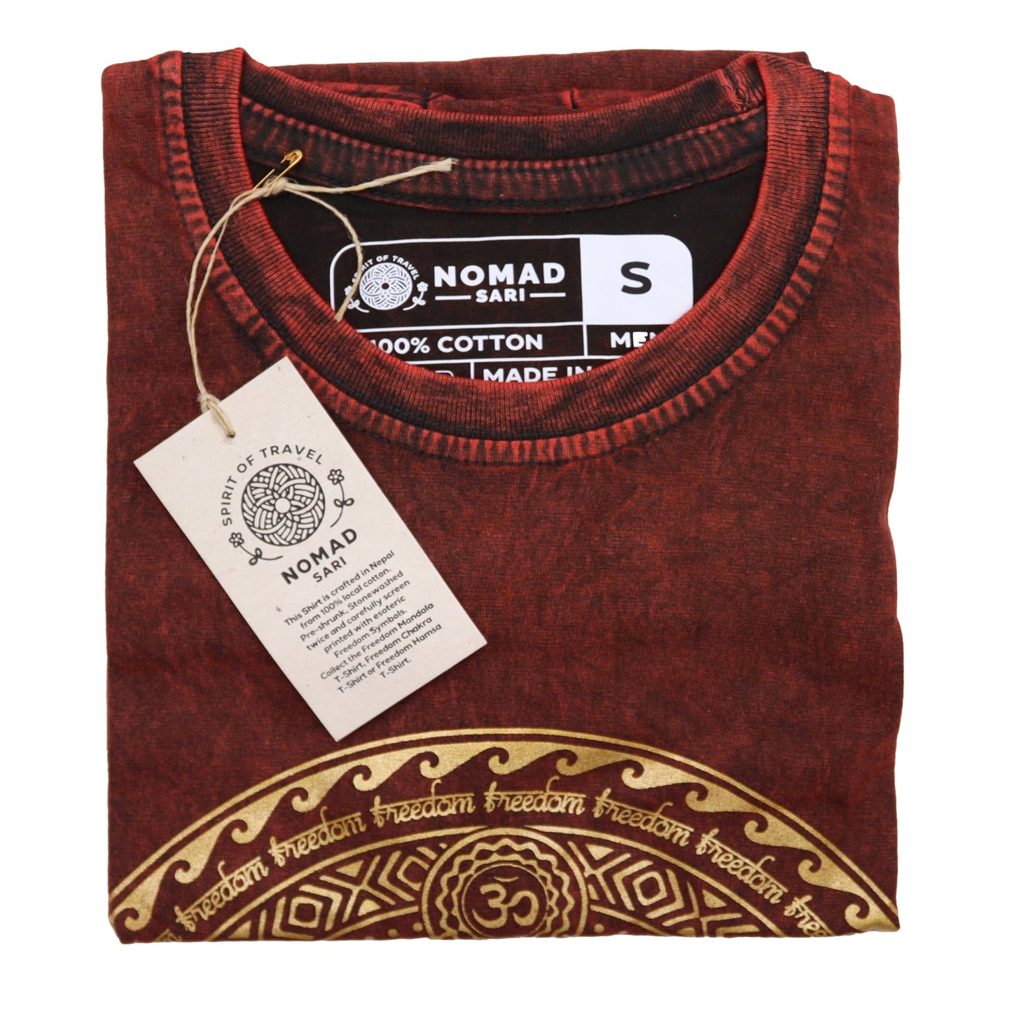 Nomad Sari Unisex Eco-Friendly 100% Cotton Stone Washed T-Shirt - Small / Unisex / Chakra / Maroon product packaging on clean background from Quintessential Holistic Health Ltd