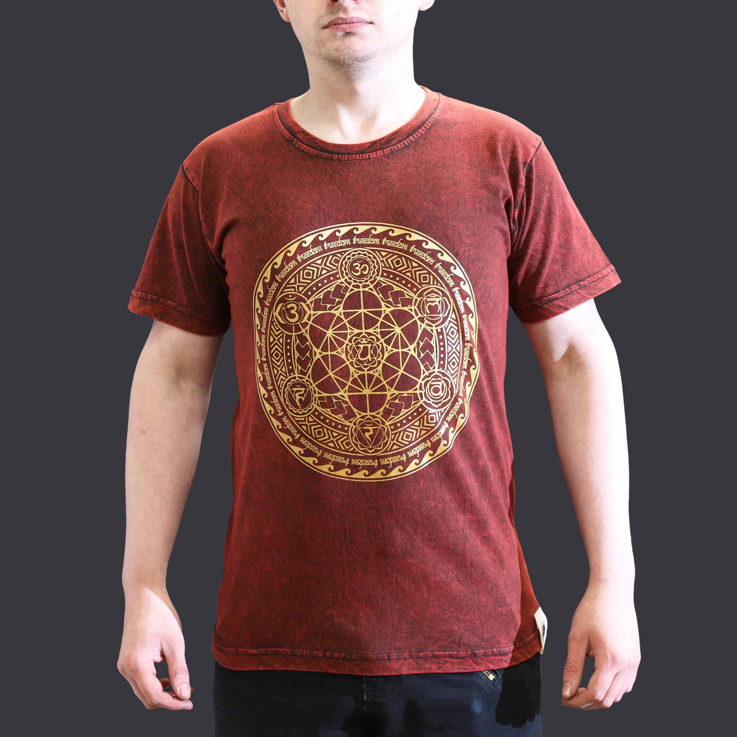Nomad Sari Unisex Eco-Friendly 100% Cotton Stone Washed T-Shirt - Small / Unisex / Chakra / Maroon product packaging on clean background from Quintessential Holistic Health Ltd