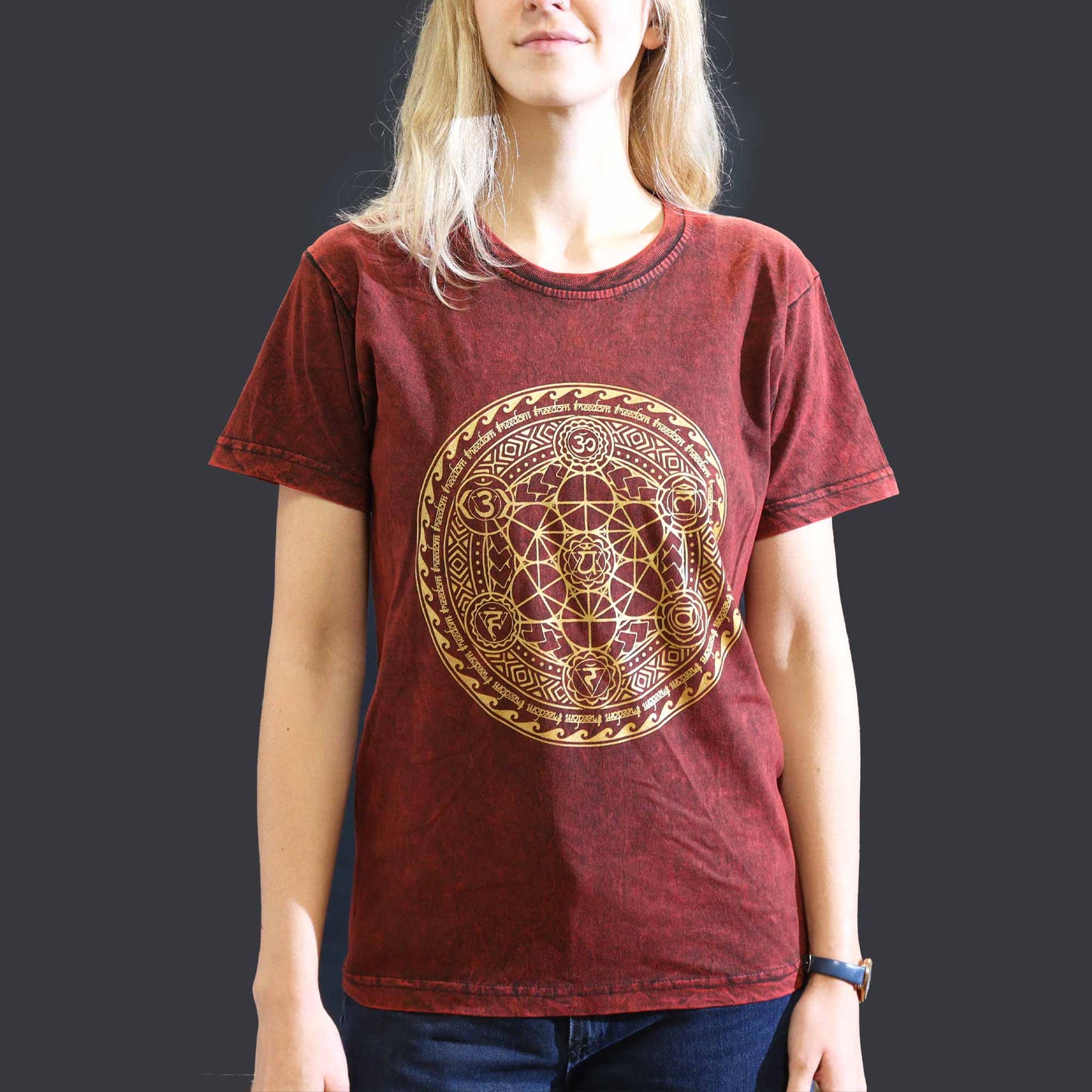 Nomad Sari Unisex Eco-Friendly 100% Cotton Stone Washed T-Shirt - Small / Unisex / Chakra / Maroon product packaging on clean background from Quintessential Holistic Health Ltd