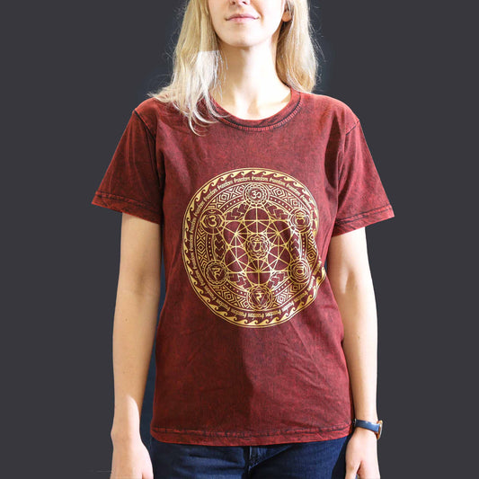 Nomad Sari Unisex Eco-Friendly 100% Cotton Stone Washed T-Shirt - Small / Unisex / Chakra / Maroon product packaging on clean background from Quintessential Holistic Health Ltd