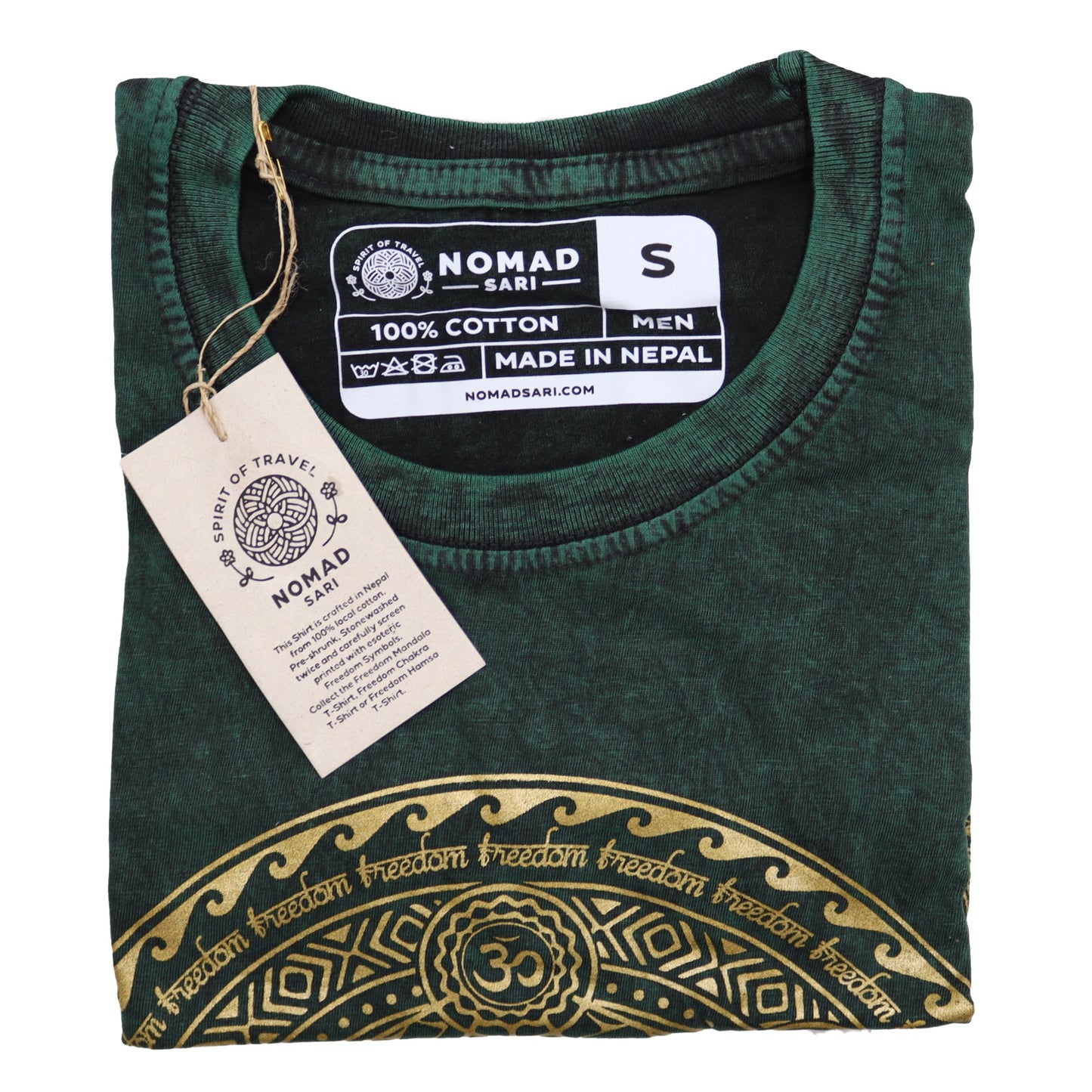 Nomad Sari Unisex Eco-Friendly 100% Cotton Stone Washed T-Shirt - Small / Unisex / Chakra / Green product packaging on clean background from Quintessential Holistic Health Ltd