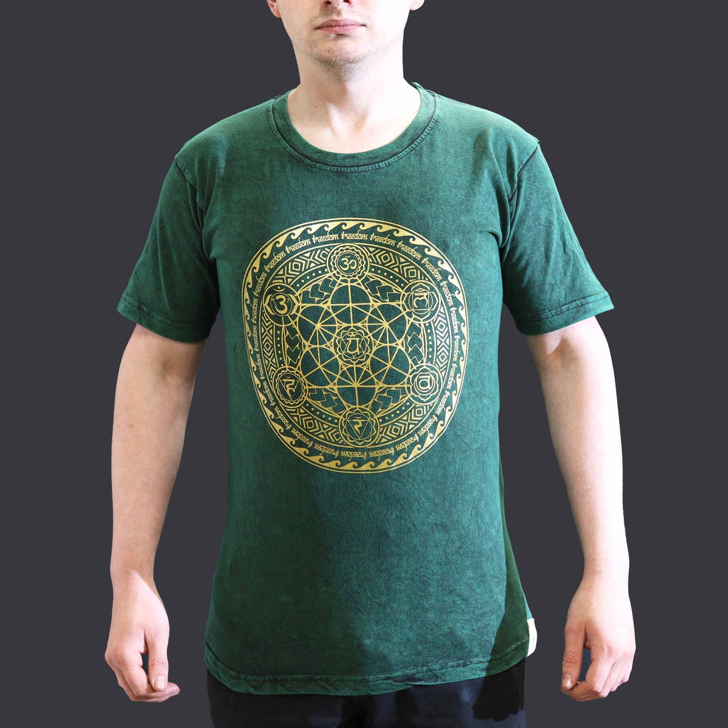 Nomad Sari Unisex Eco-Friendly 100% Cotton Stone Washed T-Shirt - Small / Unisex / Chakra / Green product packaging on clean background from Quintessential Holistic Health Ltd