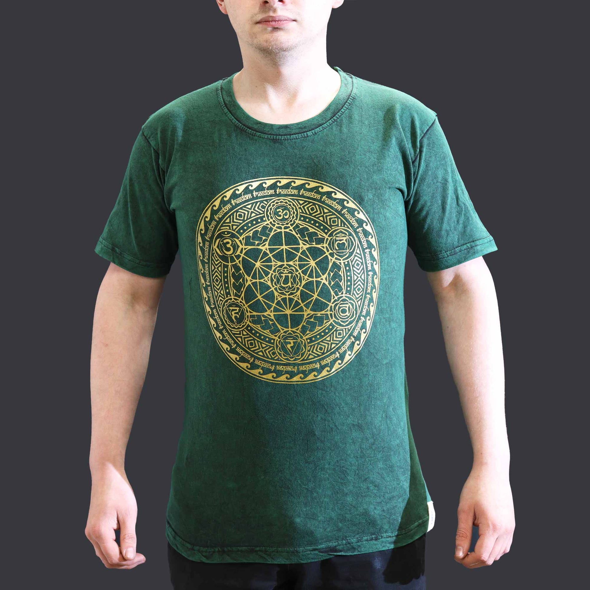Nomad Sari Unisex Eco-Friendly 100% Cotton Stone Washed T-Shirt - Small / Unisex / Chakra / Green product packaging on clean background from Quintessential Holistic Health Ltd