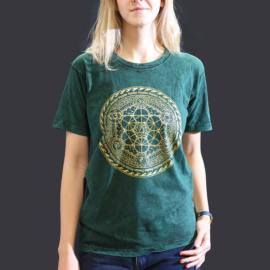 Nomad Sari Unisex Eco-Friendly 100% Cotton Stone Washed T-Shirt - Small / Unisex / Chakra / Green product packaging on clean background from Quintessential Holistic Health Ltd