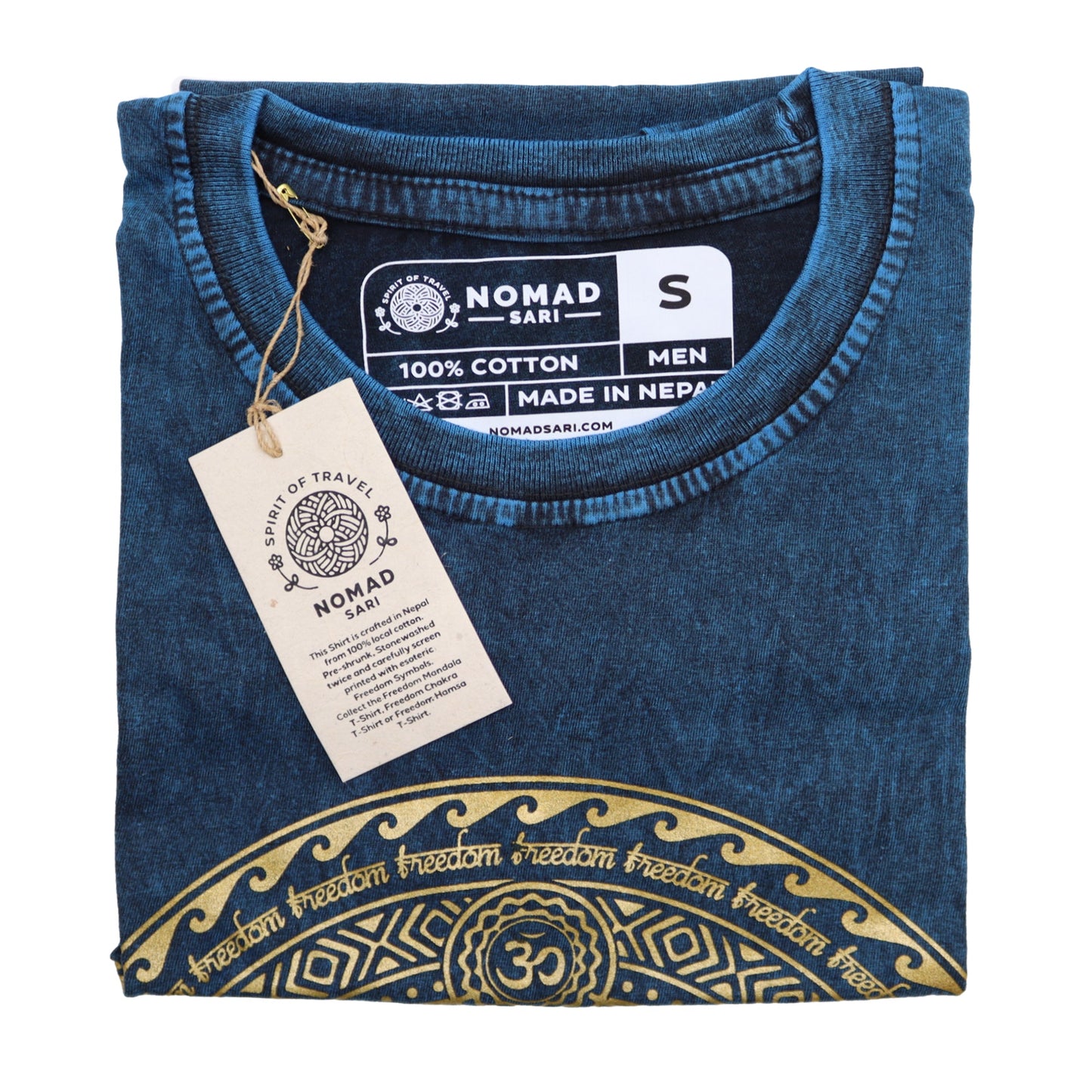 Nomad Sari Unisex Eco-Friendly 100% Cotton Stone Washed T-Shirt - Small / Unisex / Chakra / Blue product packaging on clean background from Quintessential Holistic Health Ltd