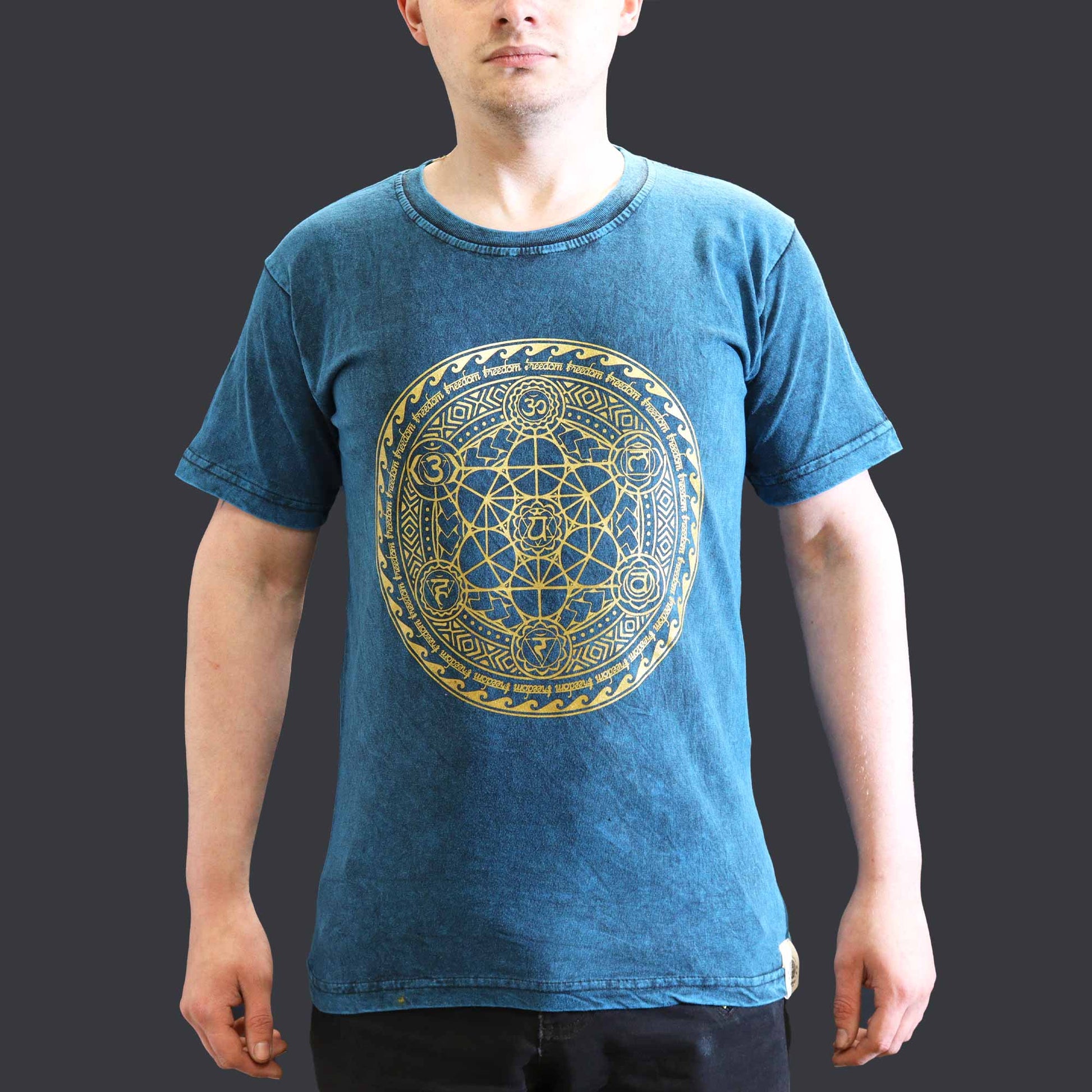 Nomad Sari Unisex Eco-Friendly 100% Cotton Stone Washed T-Shirt - Small / Unisex / Chakra / Blue product packaging on clean background from Quintessential Holistic Health Ltd
