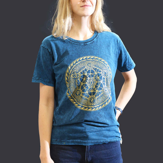Nomad Sari Unisex Eco-Friendly 100% Cotton Stone Washed T-Shirt - Small / Unisex / Chakra / Blue product packaging on clean background from Quintessential Holistic Health Ltd