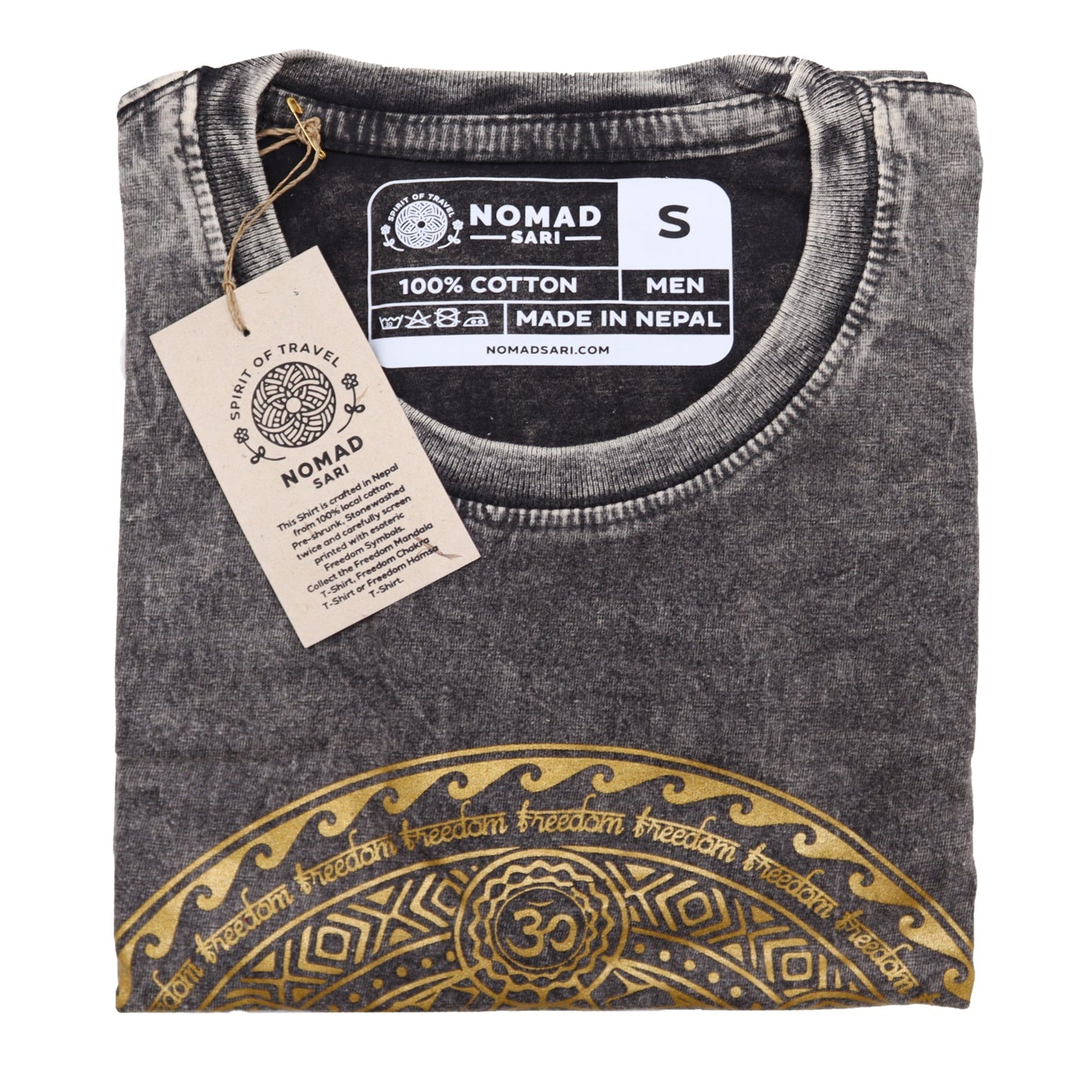 Nomad Sari Unisex Eco-Friendly 100% Cotton Stone Washed T-Shirt - Small / Unisex / Chakra / Dark Grey product packaging on clean background from Quintessential Holistic Health Ltd