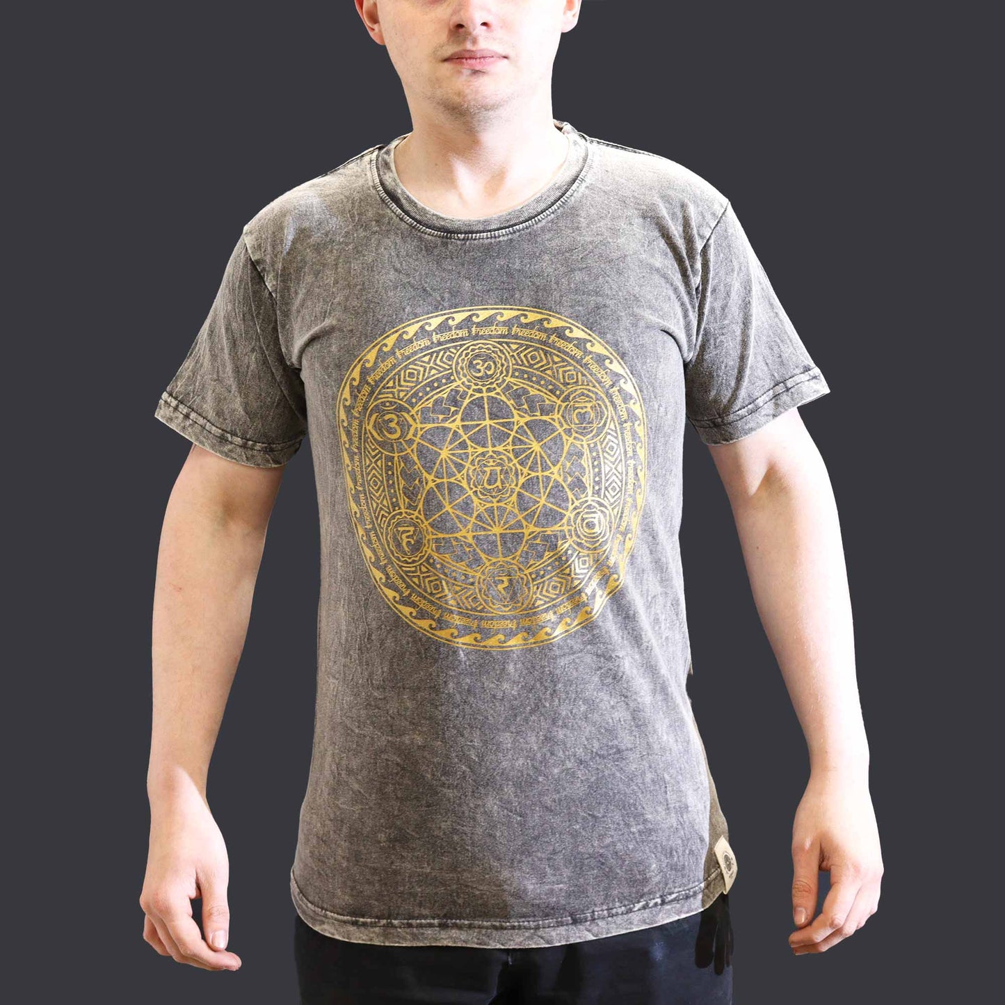 Nomad Sari Unisex Eco-Friendly 100% Cotton Stone Washed T-Shirt - Small / Unisex / Chakra / Dark Grey product packaging on clean background from Quintessential Holistic Health Ltd