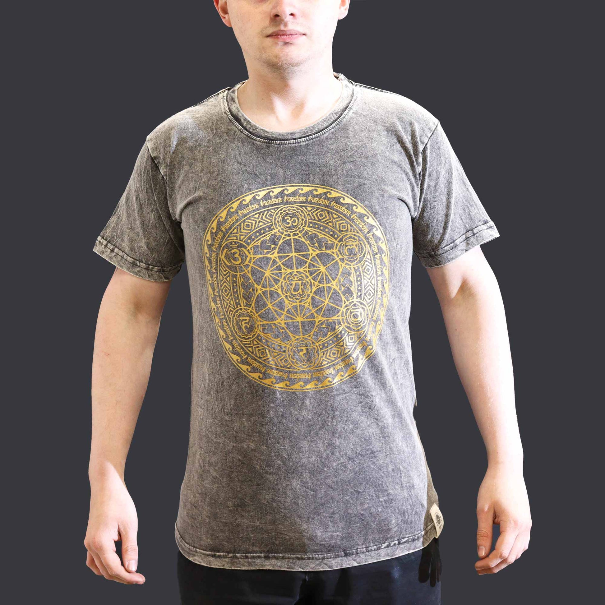 Nomad Sari Unisex Eco-Friendly 100% Cotton Stone Washed T-Shirt - Small / Unisex / Chakra / Dark Grey product packaging on clean background from Quintessential Holistic Health Ltd