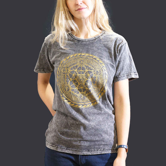 Nomad Sari Unisex Eco-Friendly 100% Cotton Stone Washed T-Shirt - Small / Unisex / Chakra / Dark Grey product packaging on clean background from Quintessential Holistic Health Ltd