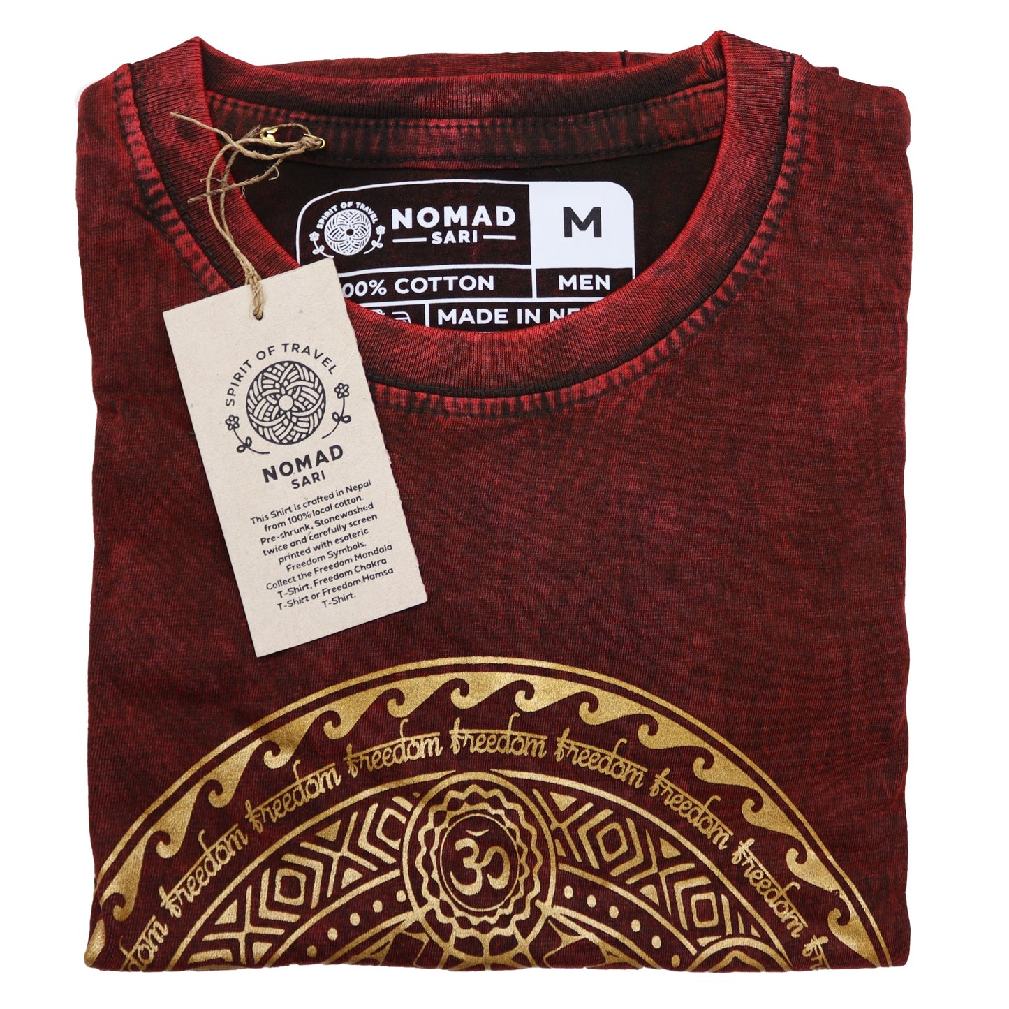 Nomad Sari Unisex Eco-Friendly 100% Cotton Stone Washed T-Shirt - Medium / Unisex / Chakra / Maroon product packaging on clean background from Quintessential Holistic Health Ltd